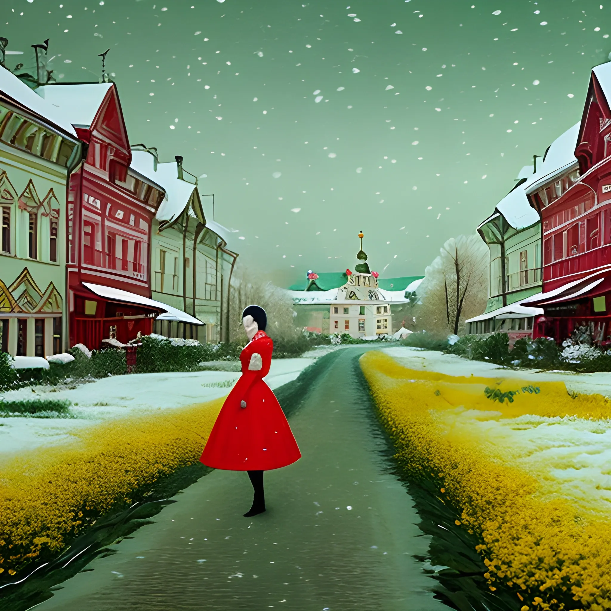 Russian landscape snowing, black-haired woman in the middle of the landscape holding a furry white cat, wearing a light red dress, old Russian-style houses in the background and the green floor with yellow flowers shows, Trippy