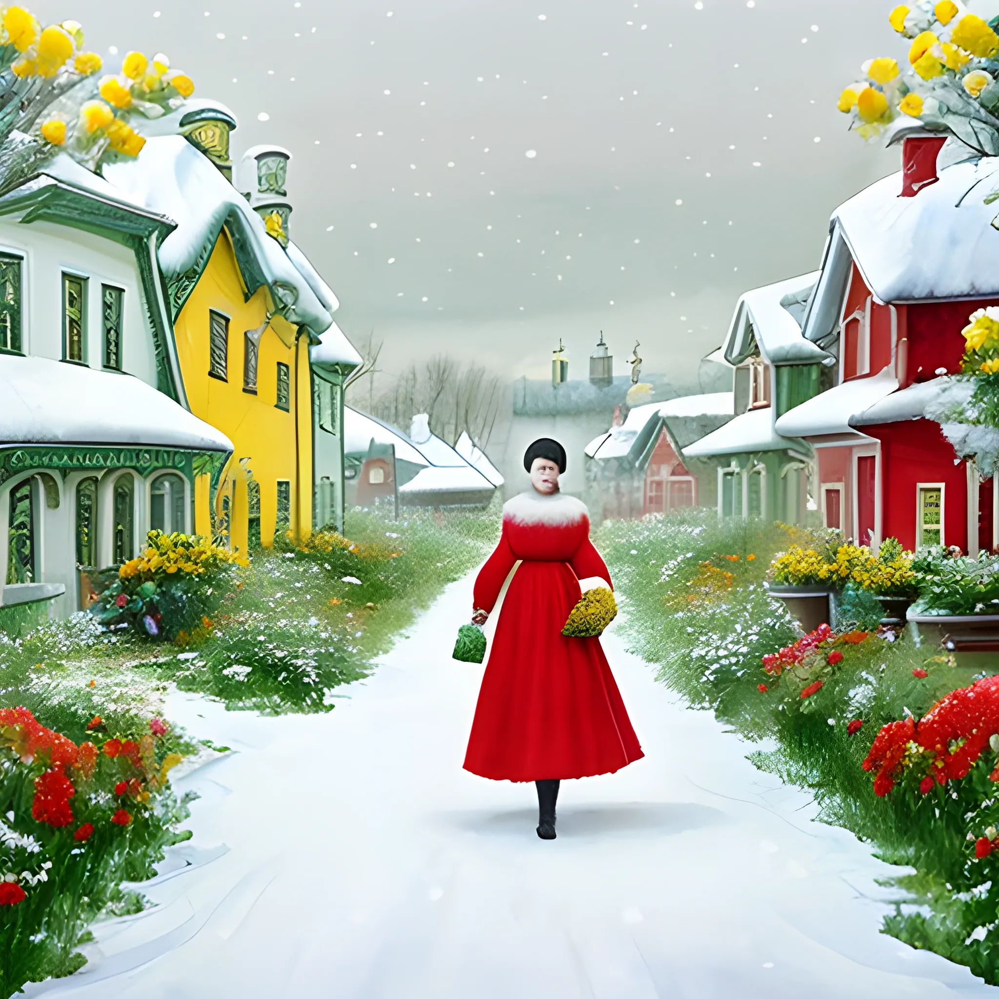 Russian landscape snowing, black-haired woman in the middle of the landscape holding a furry white cat, wearing a light red dress, old Russian-style houses in the background and the green floor with yellow flowers shows, , Water Color