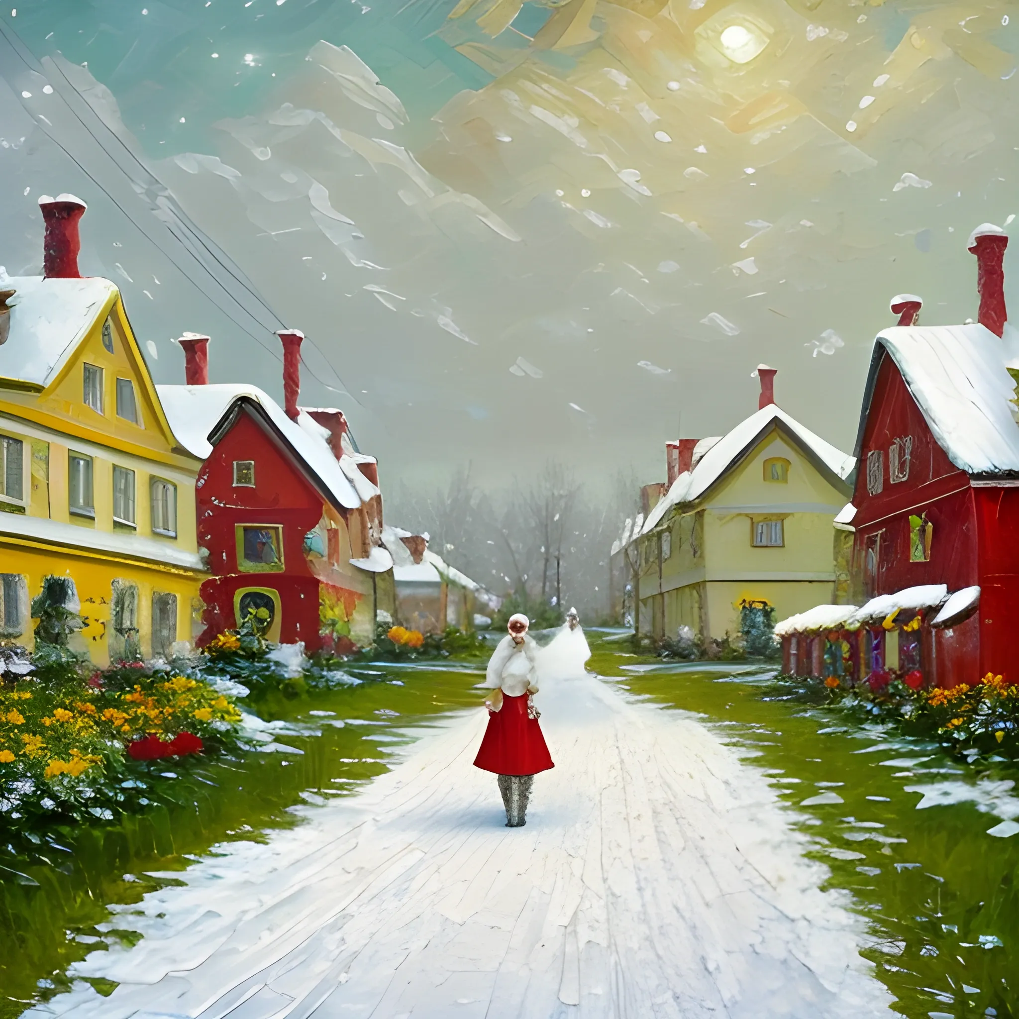 Russian landscape snowing, black-haired woman in the middle of the landscape holding a furry white cat, wearing a light red dress, old Russian-style houses in the background and the green floor with yellow flowers shows, , , Oil Painting