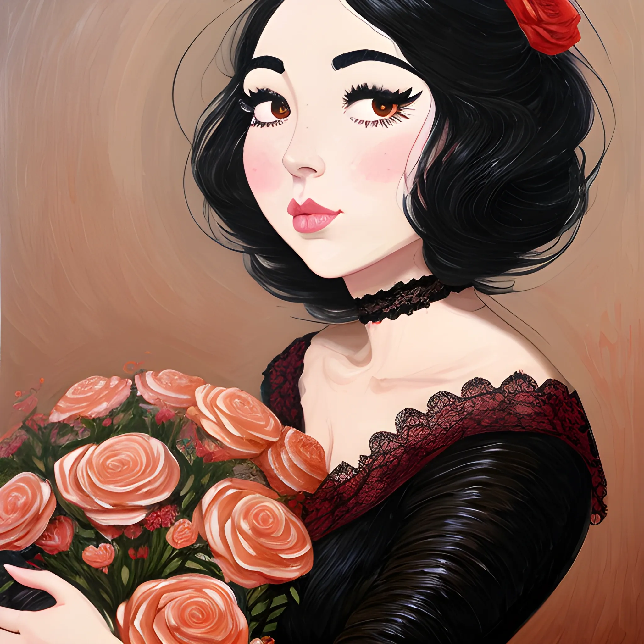 Black-haired woman, curved face, with rosy cheeks, big black eyes, thick eyelashes, thick lips, peach color, thick eyebrows, upturned nose, lying on dark water, holding a bouquet with 5 roses of different colors, wearing a red lace dress, Oil Painting