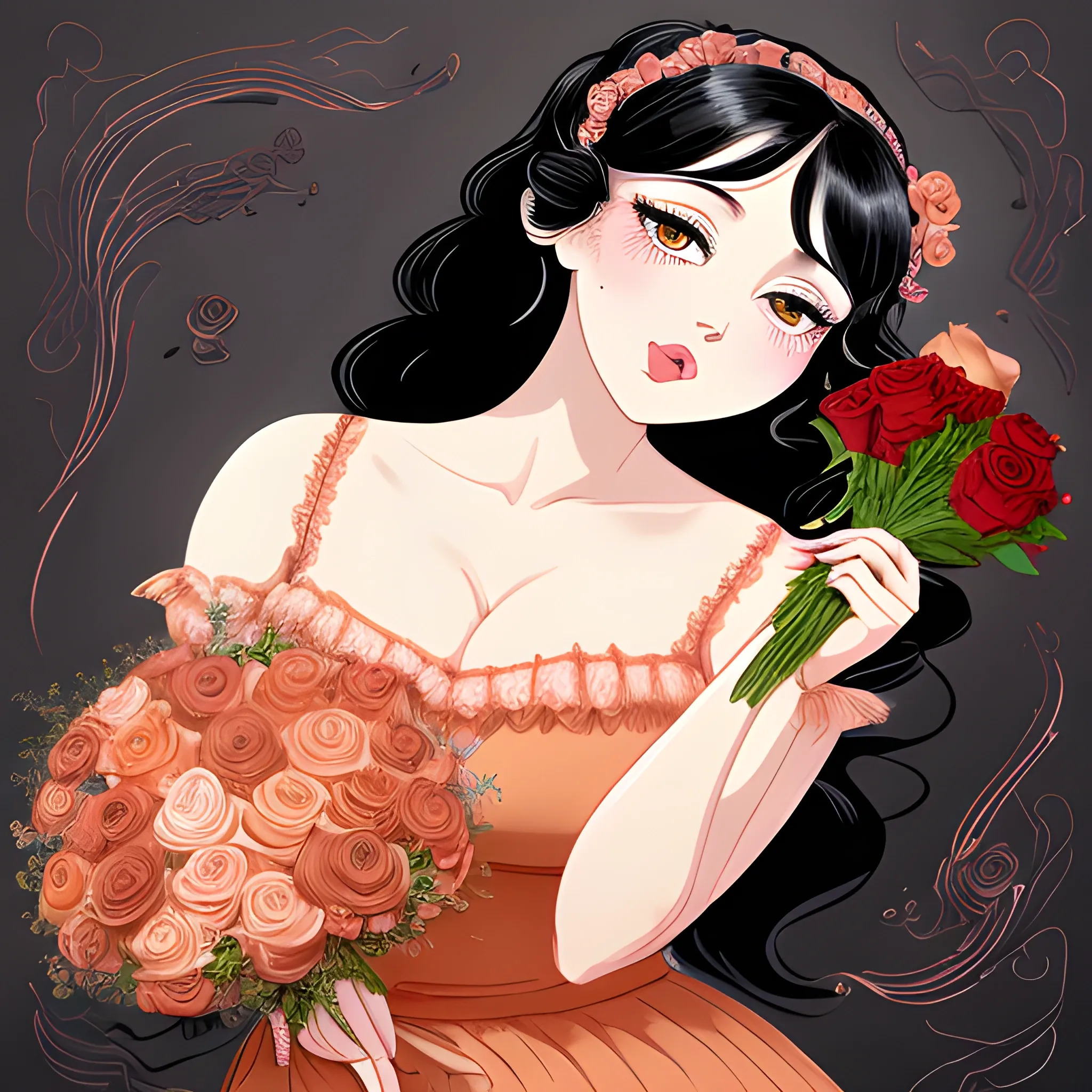 Black-haired woman, curved face, with rosy cheeks, big black eyes, thick eyelashes, thick lips, peach color, thick eyebrows, upturned nose, lying on dark water, holding a bouquet with 5 roses of different colors, wearing a red lace dress, , Cartoon