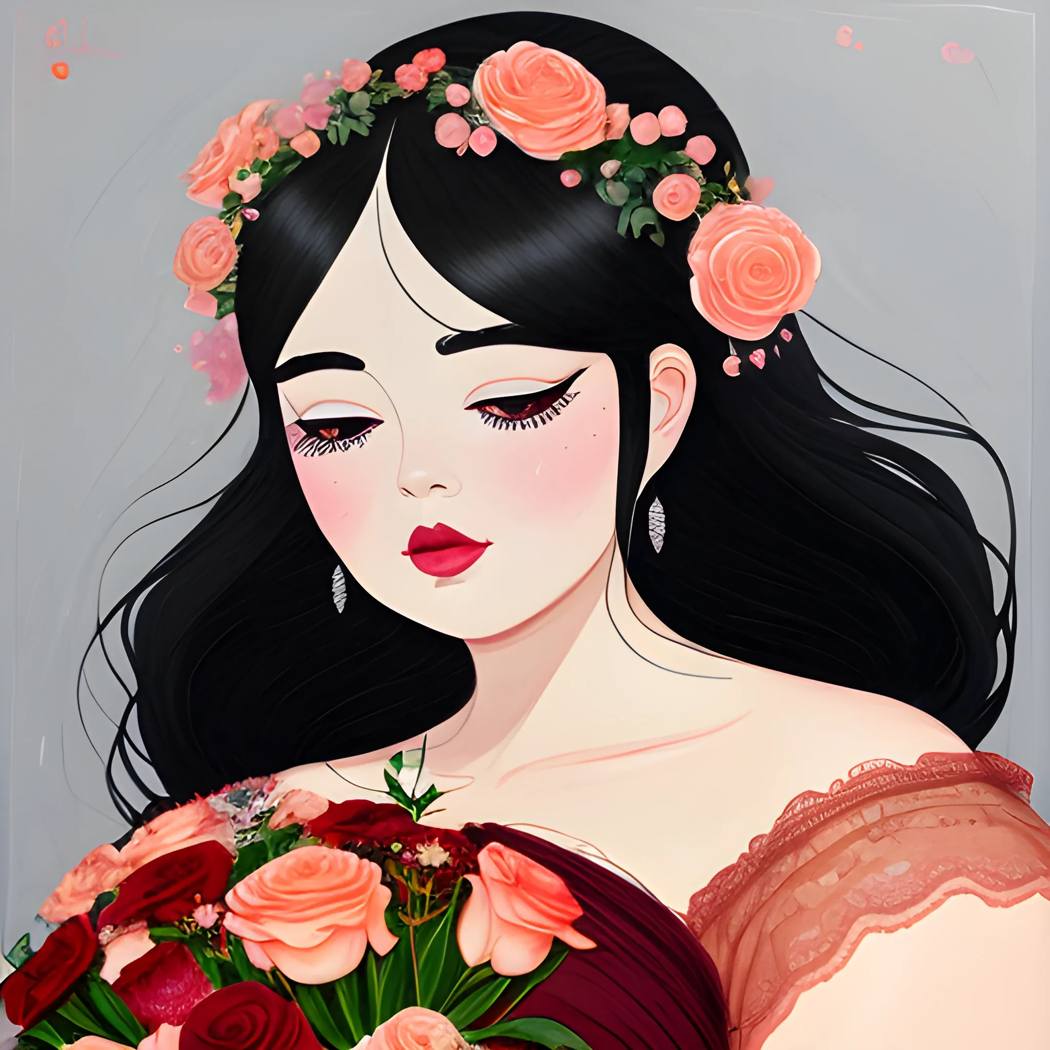 Black-haired woman, curved face, with rosy cheeks, big black eyes, thick eyelashes, thick lips, peach color, thick eyebrows, upturned nose, lying on dark water, holding a bouquet with 5 roses of different colors, wearing a red lace dress, Cartoon, , Oil Painting