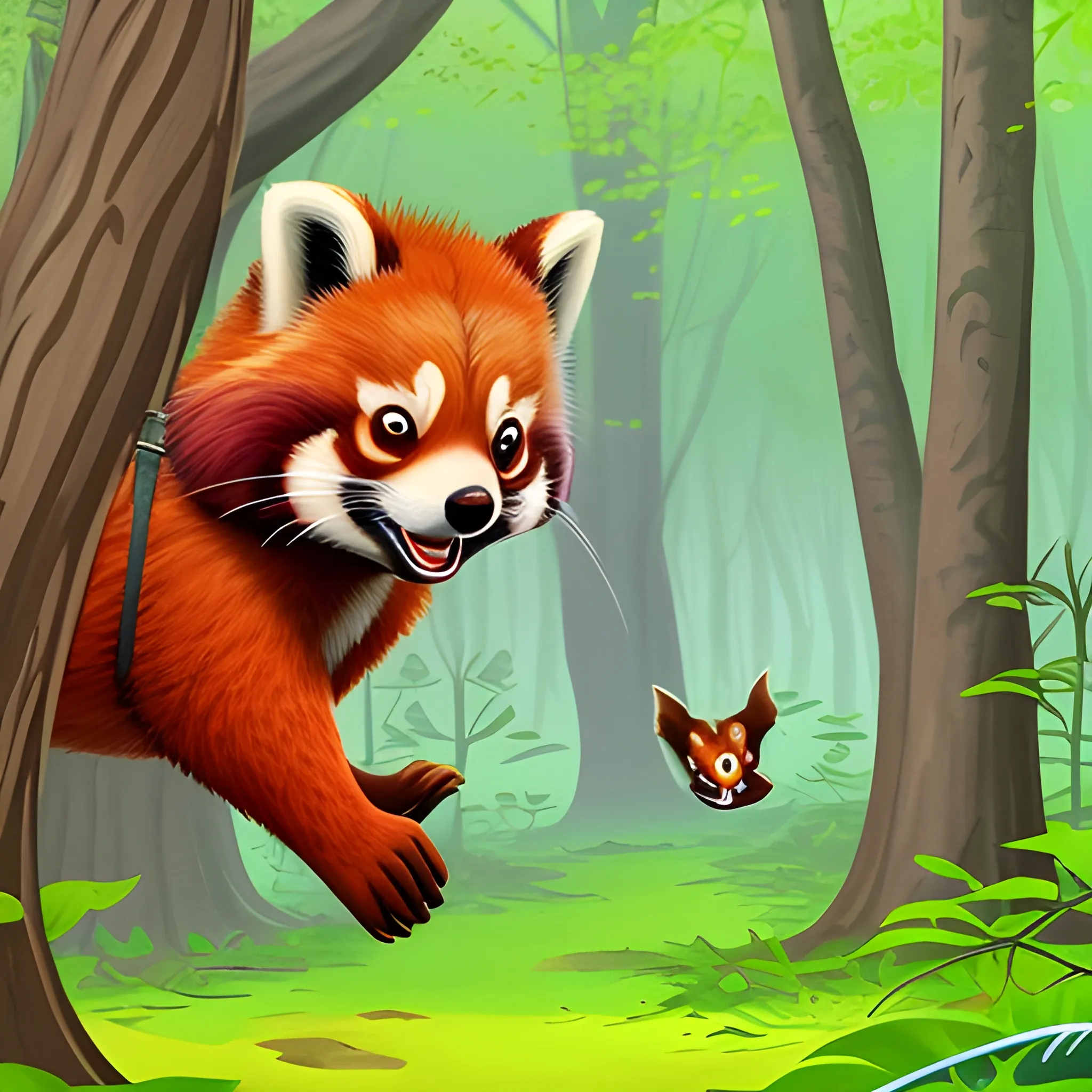 leafy forest with a Strybk-style red panda, walking through the forest children's image:
A red panda named roco runs through the forest with its tail held high. He is on his way to meet his friends for a game, 
The sun is shining brightly and the birds are singing in the trees. Strybk is happy-go-lucky.
As he walks, he stops to admire the flowers that bloom in the forest. He picks out a few and tucks them into his fur.
 He also stops to say hello to the other animals he meets on the way. The squirrels chatter to him from the trees
Finally, Strybk reaches the clearing where his friends are waiting. They all greet him with a smile and begin to play tag.
They run, laugh and chase each other through the forest. They are having so much fun that they don't even notice the time that passes.
When it's time to go home, Strybk is tired but happy. He has had a wonderful day playing with his friends.
He knows that tomorrow they will do it all over again.
