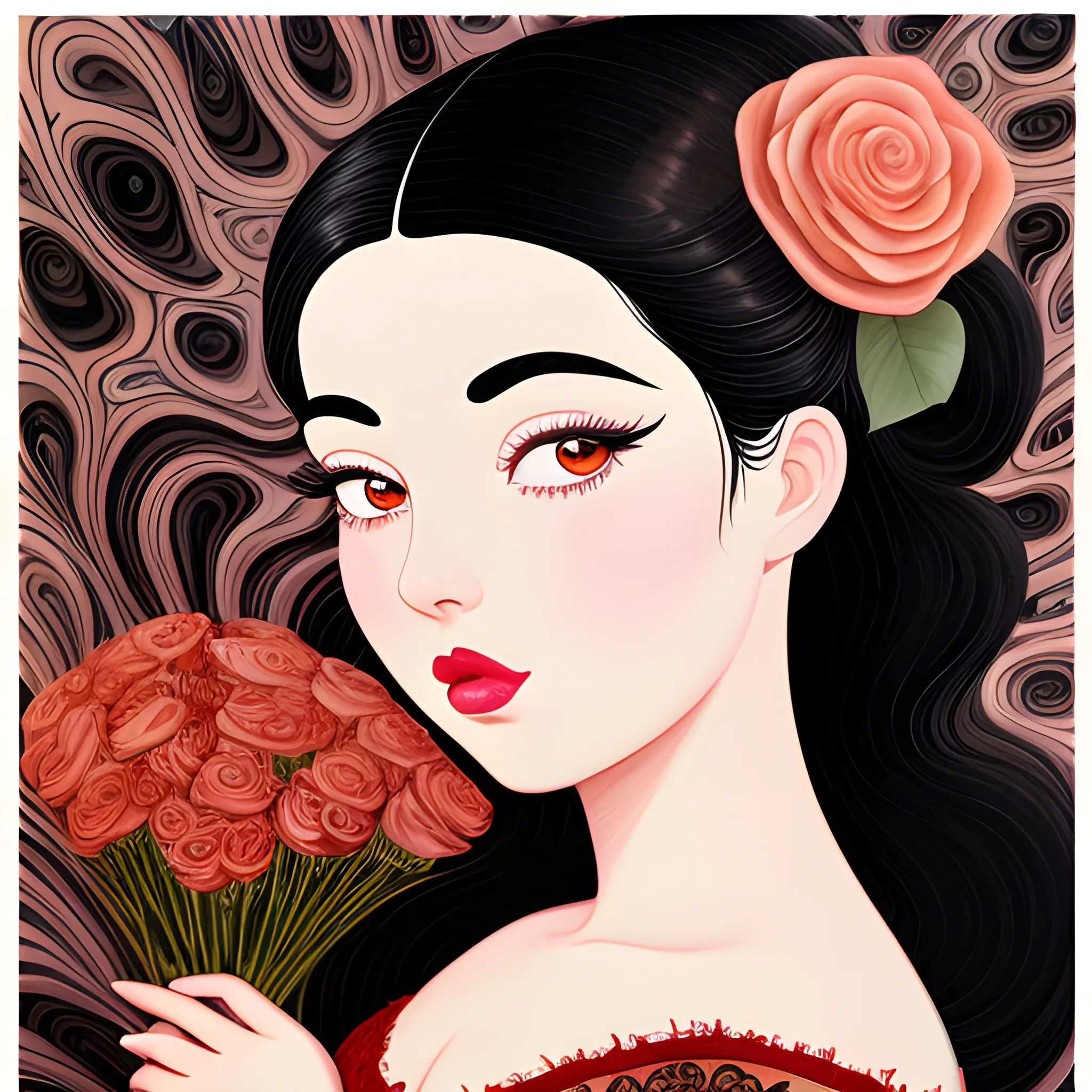 Black-haired woman, curved face, with rosy cheeks, big black eyes, thick eyelashes, thick lips, peach color, thick eyebrows, upturned nose, lying on dark water, holding a bouquet with 5 roses of different colors, wearing a red lace dress, Cartoon, , Oil Painting, Trippy