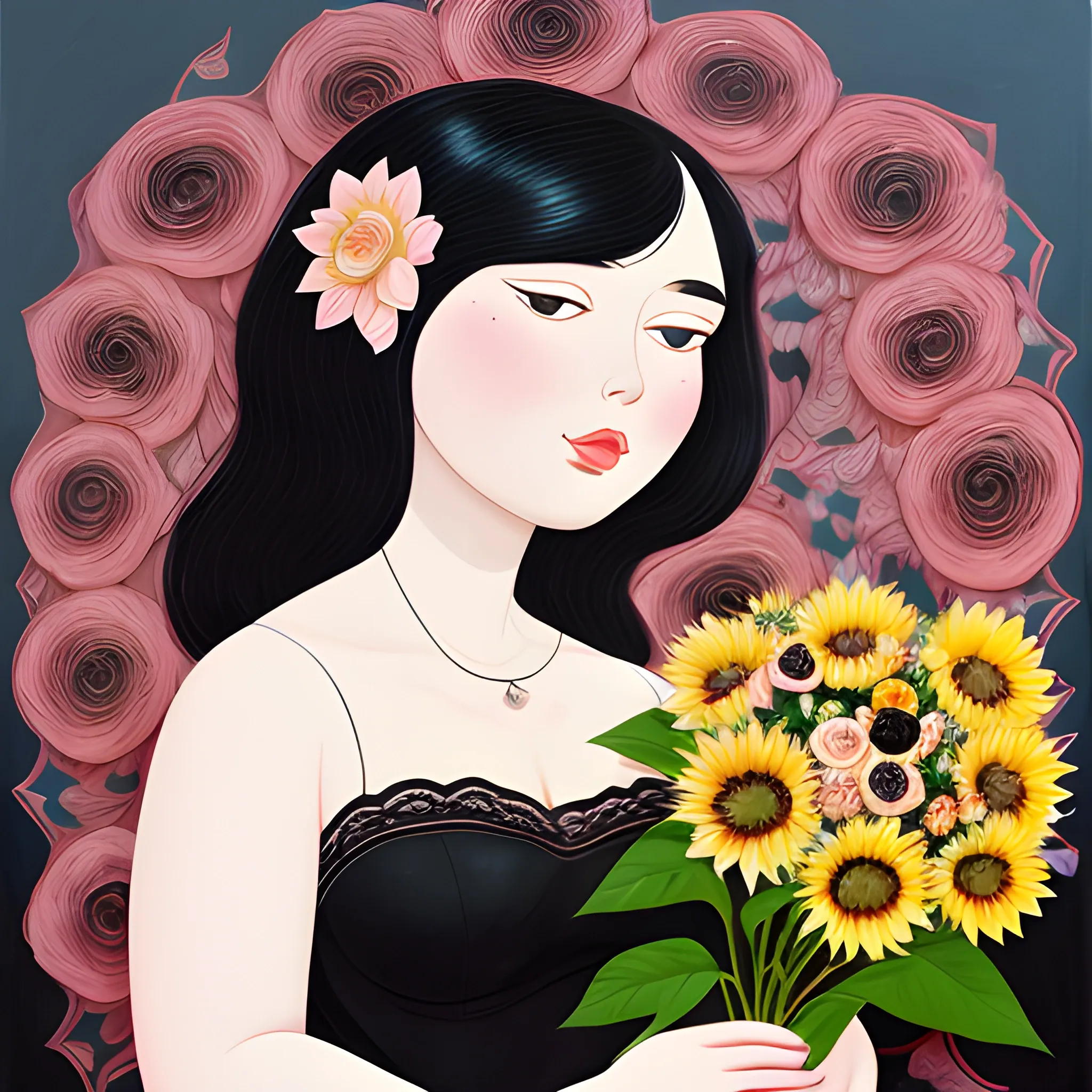 Black-haired woman, curved face, with rosy cheeks, big black eyes, thick eyelashes, thick lips, peach color, thick eyebrows, upturned nose, lying on dark water, holding a bouquet of flowers, a sunflower, a rose, a jasmine, a flower cherry tree, a white lotus, wearing a red lace dress., , Oil Painting, Trippy, Cartoon