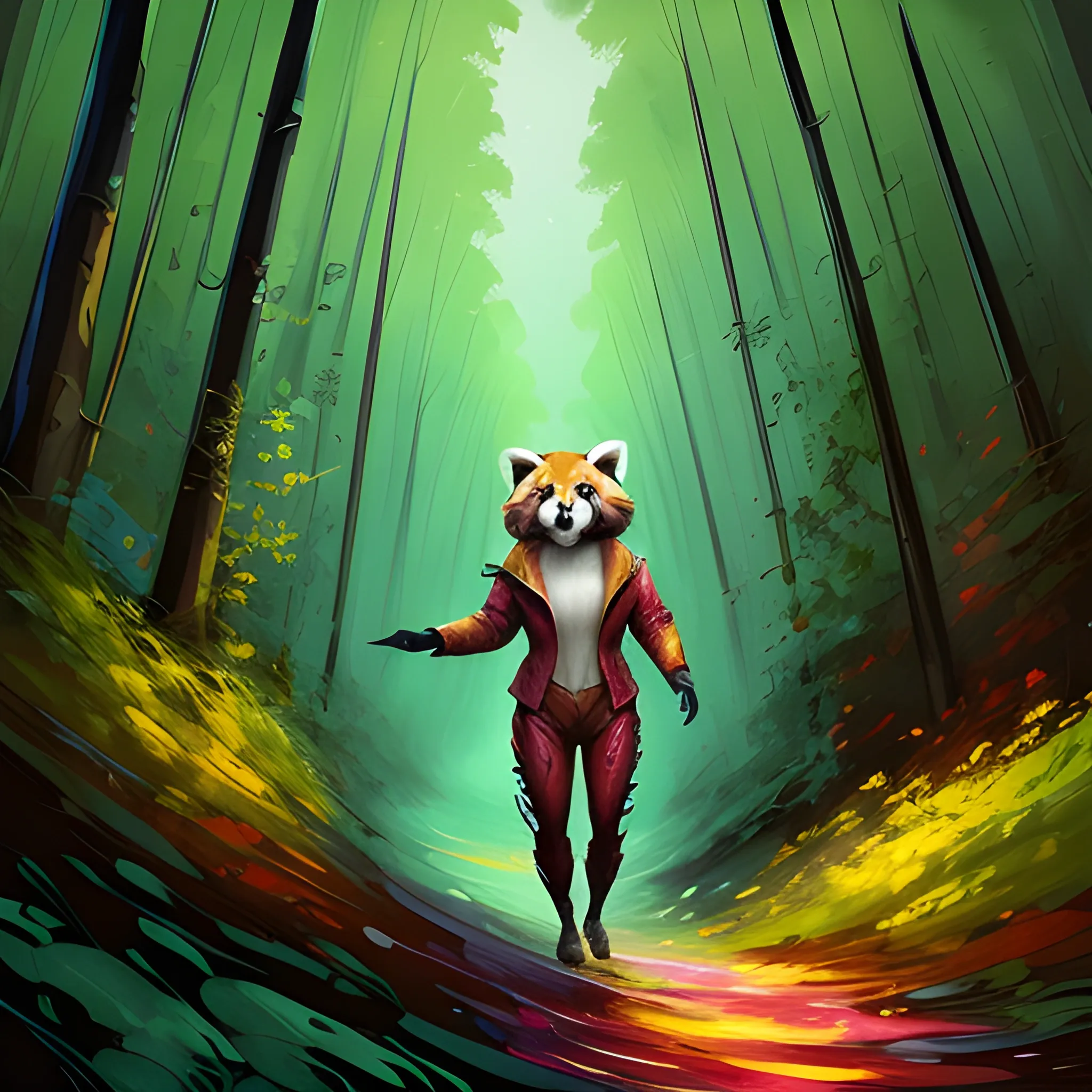 Strybk, happy red panda in floral print hoodie, full body walks through the forest((in the background is a forest))
Michael Garmash, Daniel F. Gerhartz, strebk style, night, dreamy warm lighting, volumetric lighting,
pulp adventure style, liquid acrylic, dynamic gradients, deep color, illustration, highly detailed vector curves,
simple, smooth and clean, vector art, smoothness, Johan Grenier, character design, 3D shading, cinematography, ornate pattern,
elegant organic framing, hyperrealism, posterization, masterpiece collection, bright rich colors, partial shade, wet gouache, 
children's storybook style, muted colors, watercolor style
