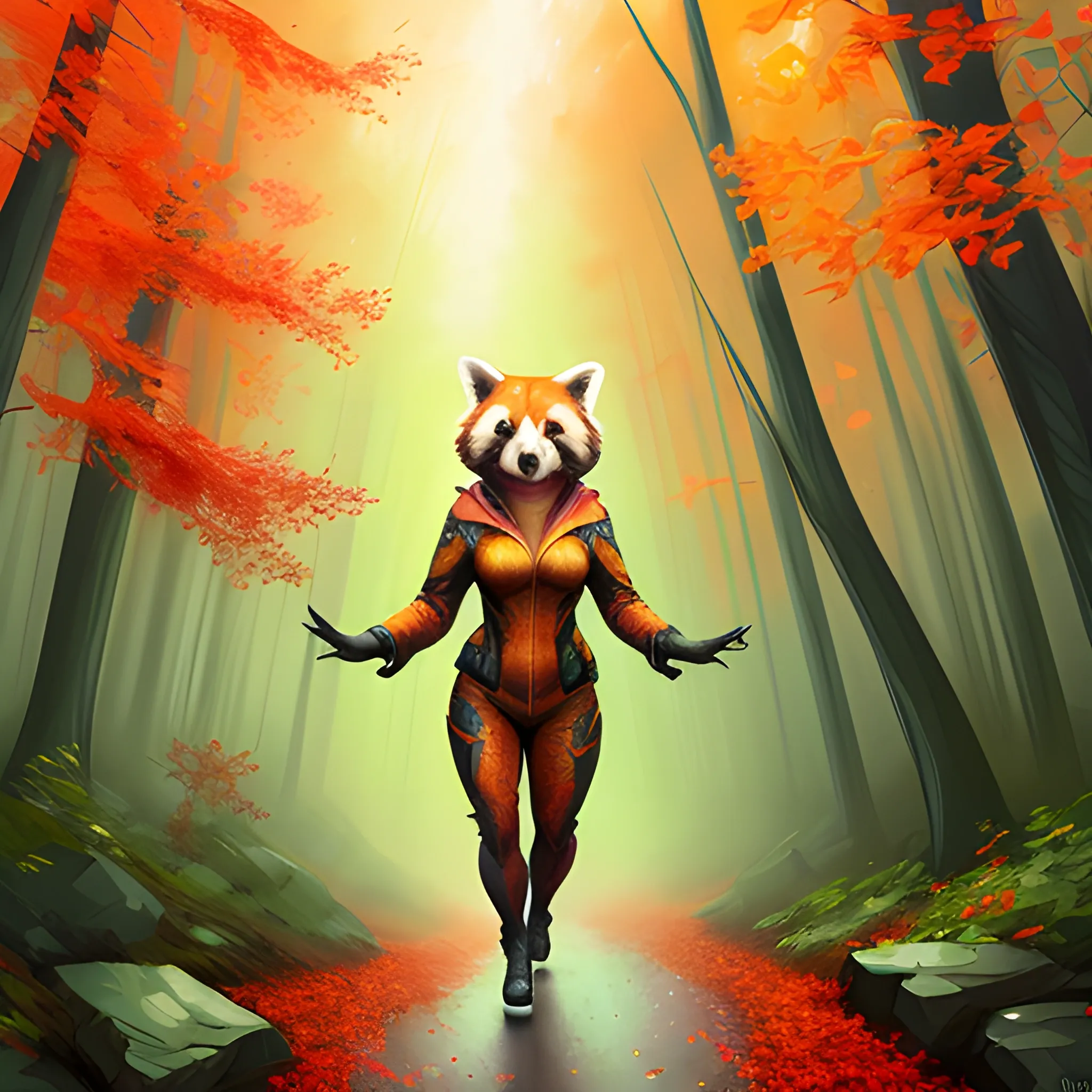 Strybk, happy red panda in floral print hoodie, full body walks through the forest((in the background is a forest))
Michael Garmash, Daniel F. Gerhartz, strebk style, night, dreamy warm lighting, volumetric lighting,
pulp adventure style, liquid acrylic, dynamic gradients, deep color, illustration, highly detailed vector curves,
simple, smooth and clean, vector art, smoothness, Johan Grenier, character design, 3D shading, cinematography, ornate pattern,
elegant organic framing, hyperrealism, posterization, masterpiece collection, bright rich colors, partial shade, wet gouache, 
children's storybook style, muted colors, watercolor style
