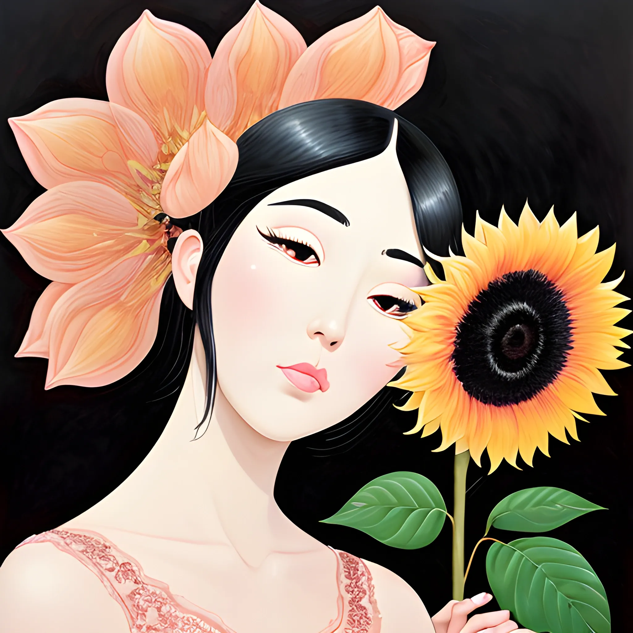 Black-haired woman, curved face, with rosy cheeks, big black eyes, thick eyelashes, thick lips, peach color, thick eyebrows, upturned nose, lying on dark water, holding a bouquet of flowers, a sunflower, a rose, a jasmine, a flower cherry tree, a white lotus, wearing a red lace dress., , Oil Painting, Trippy, 