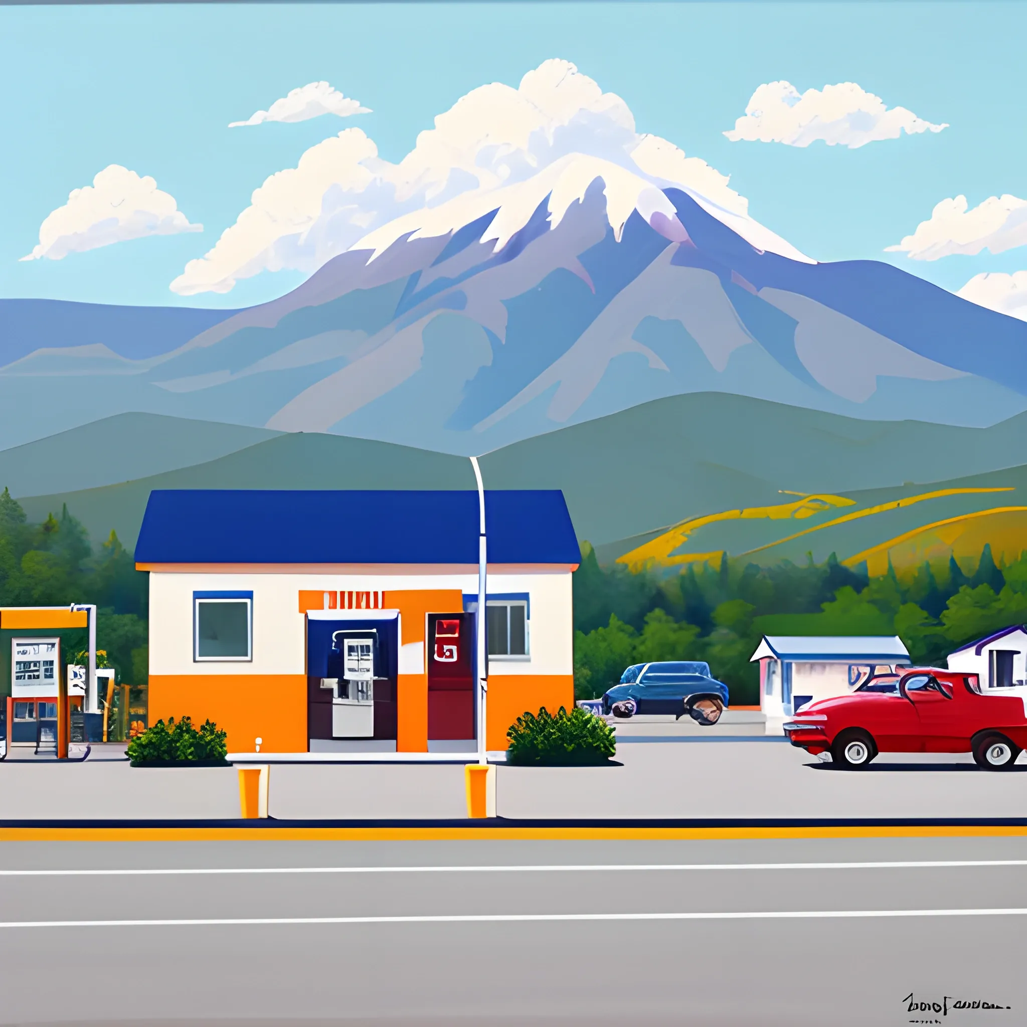 acrylic painting, gas station, house, mountain town, simple, gordron leverton