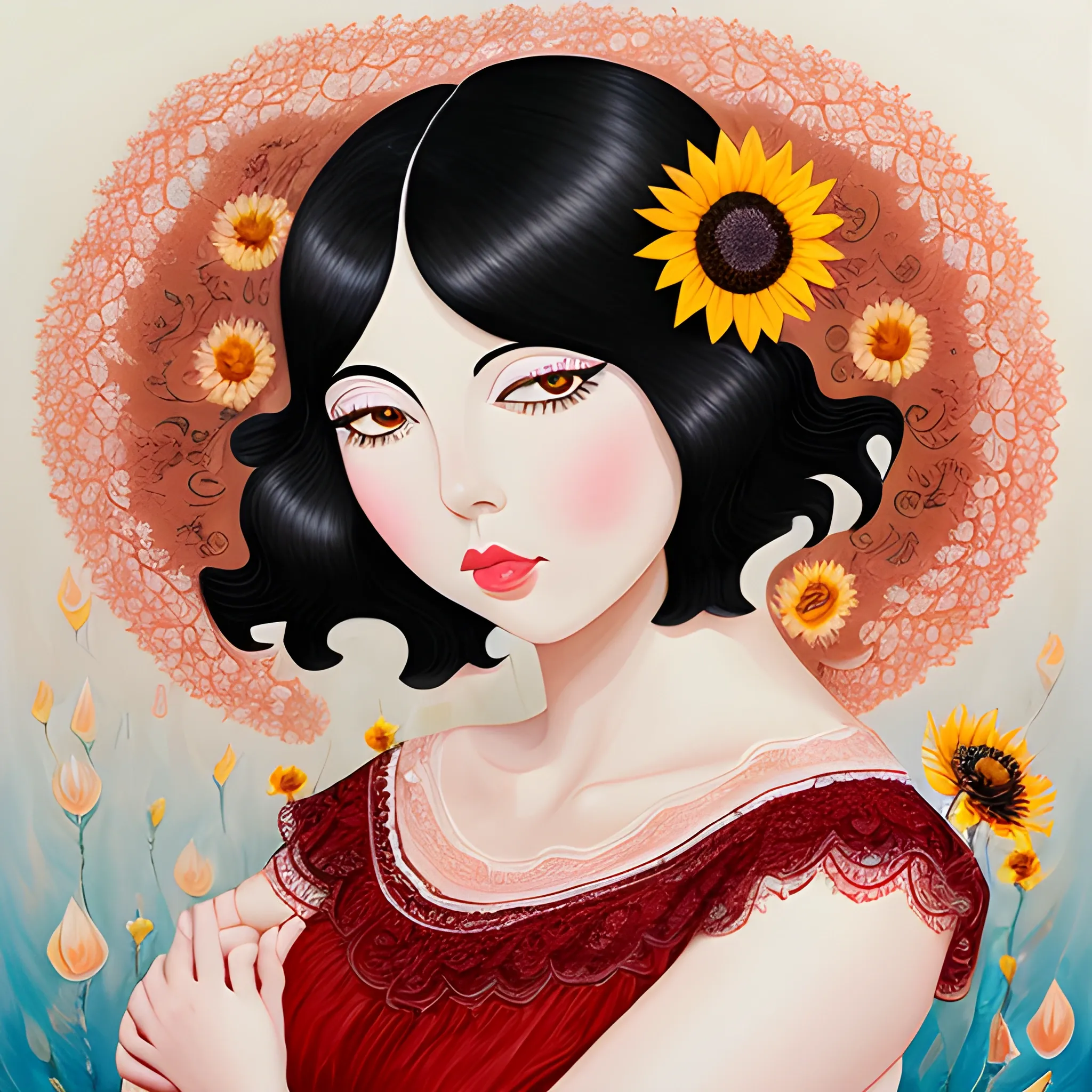 Black-haired woman, curved face, with rosy cheeks, big black eyes, thick eyelashes, thick lips, peach color, thick eyebrows, upturned nose, lying on water, holding a bouquet of flowers, a sunflower, a rose, a jasmine, a flower cherry tree, a white lotus, wearing a red lace dress., , Oil Painting, Trippy, 