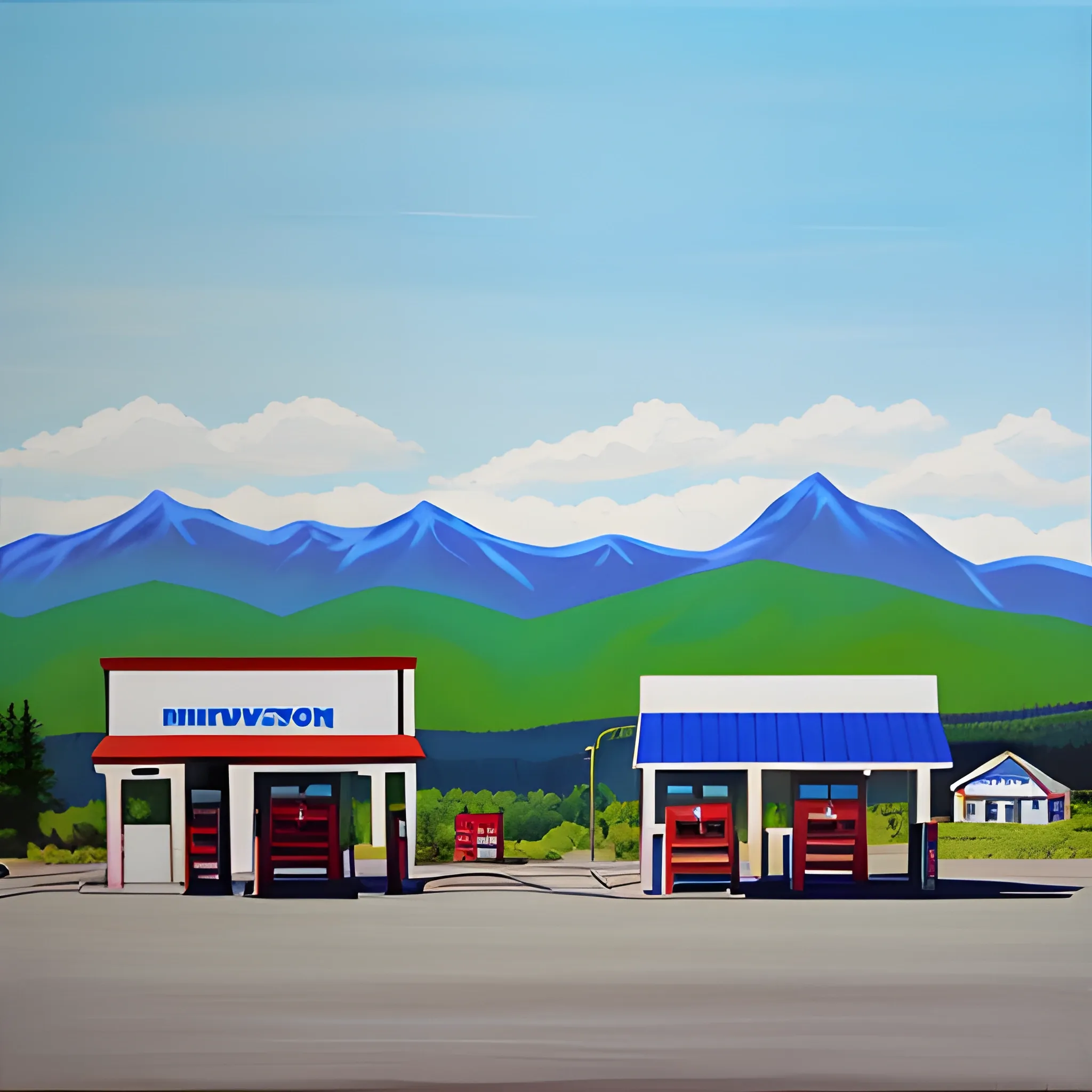 acrylic painting, gas station, house, mountain town, simple, gordon leverton