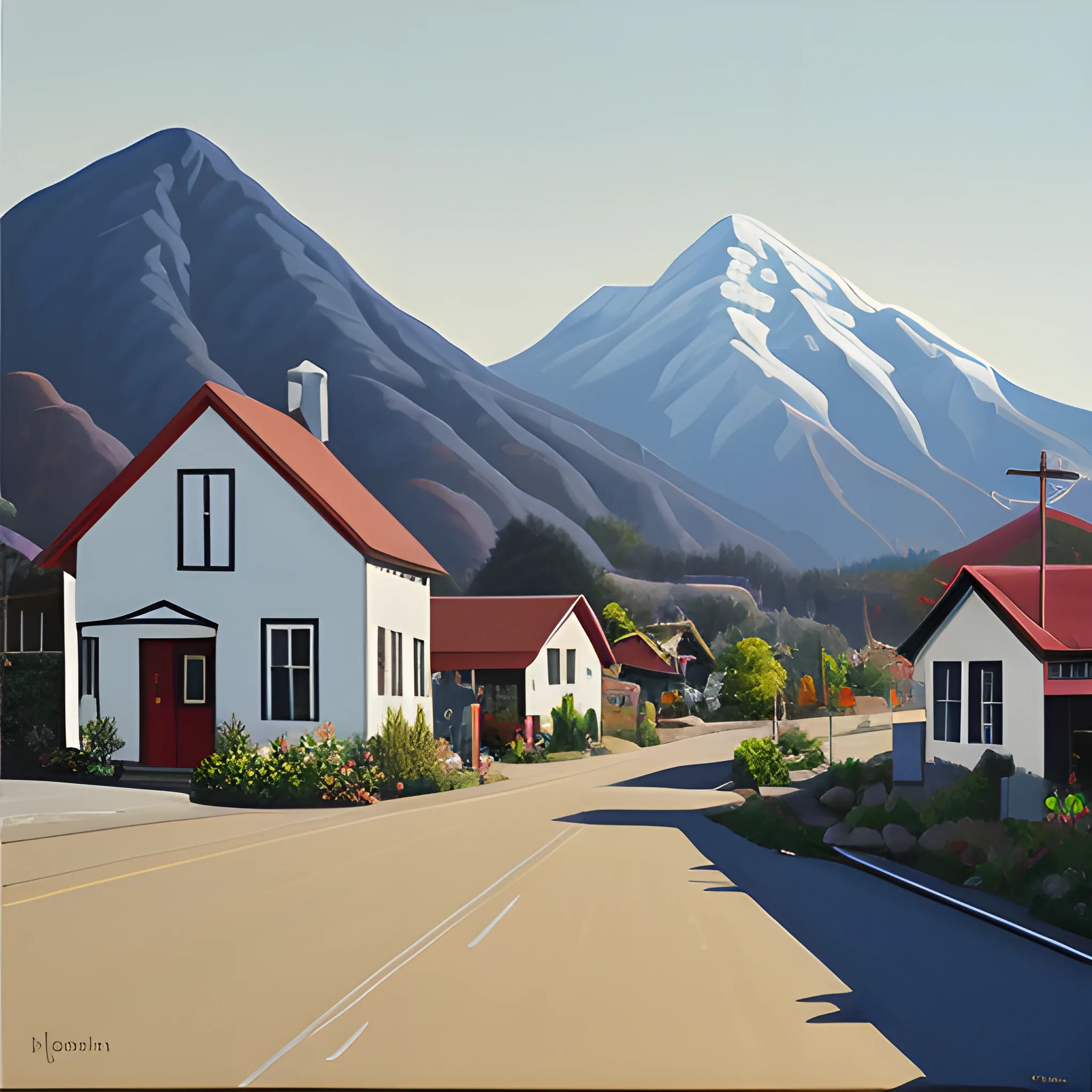 acrylic painting, house, mountain town, main street, simple, contemporary, gordon leverton