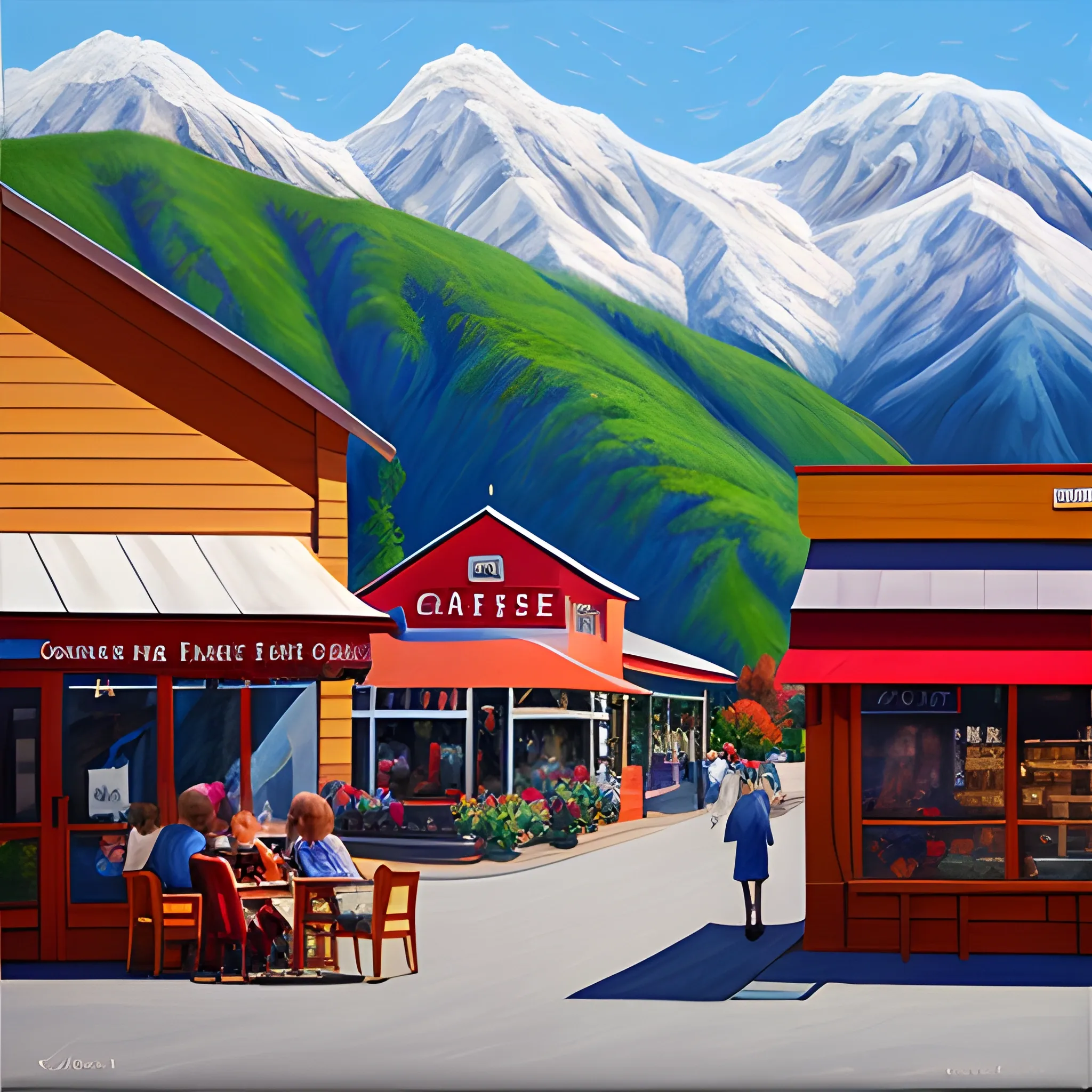 acrylic painting, cafe, main street, mountain town, simple, gordon leverton