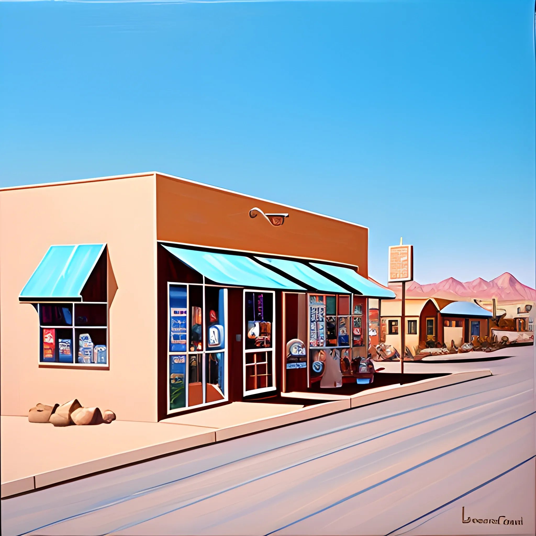 acrylic painting, desert town, main street, store fronts, simple, contemporary, gordon leverton