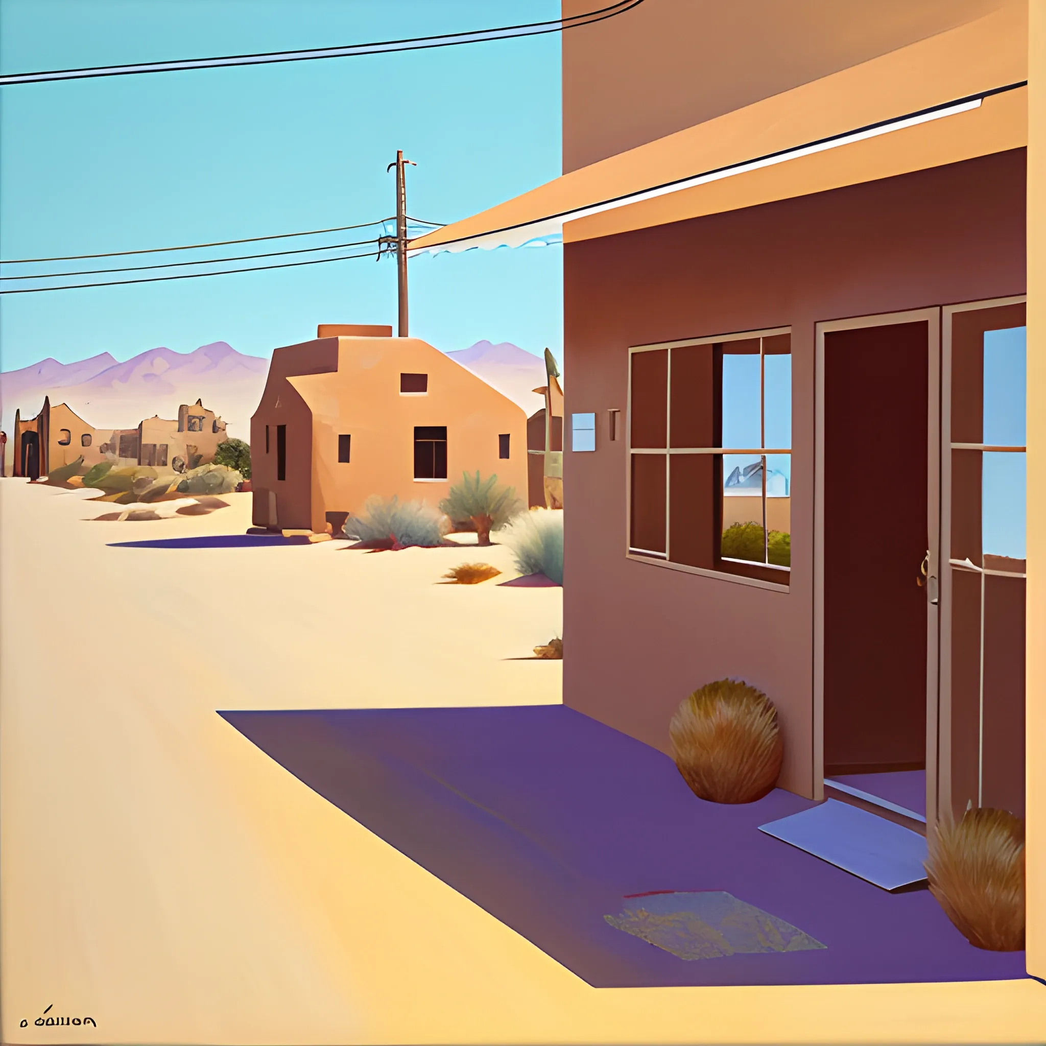 acrylic painting, house, desert town, main street, simple,  gordon leverton