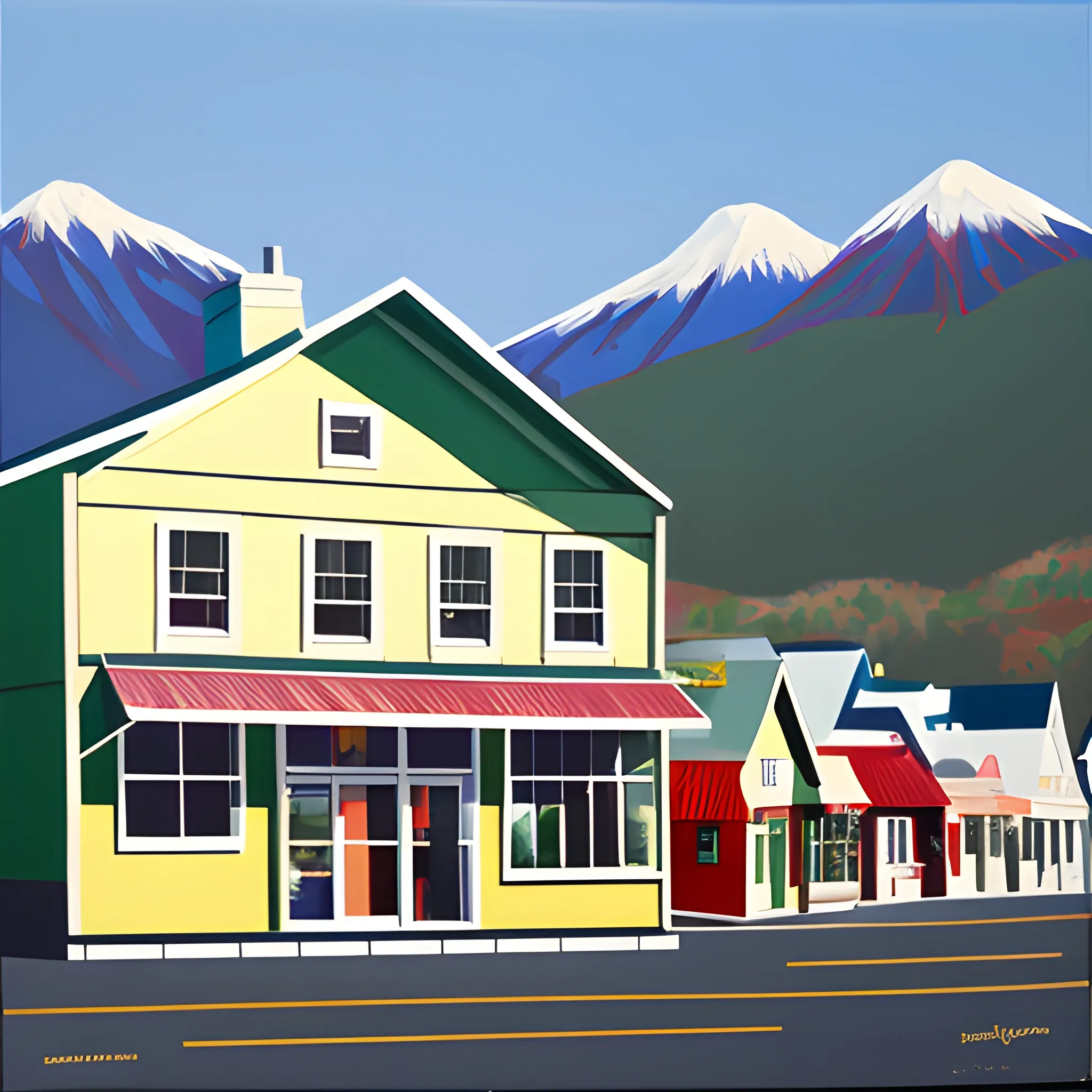 acrylic painting, house, mountain town, main street, two store 
fronts, simple,  gordon leverton