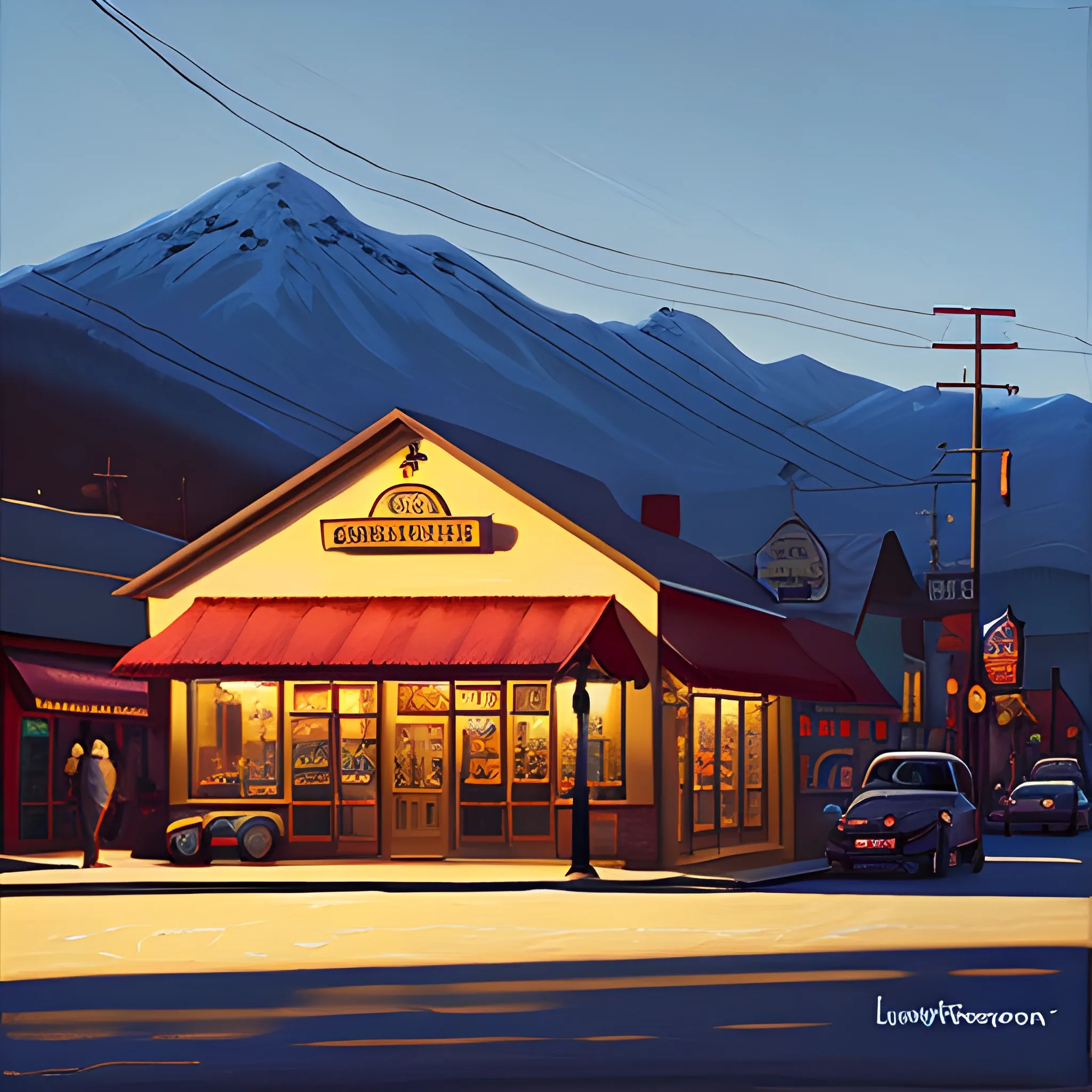 acrylic painting, cinematic perfect lighting, mountain town, main street, store front, simple, shadows, gordon leverton