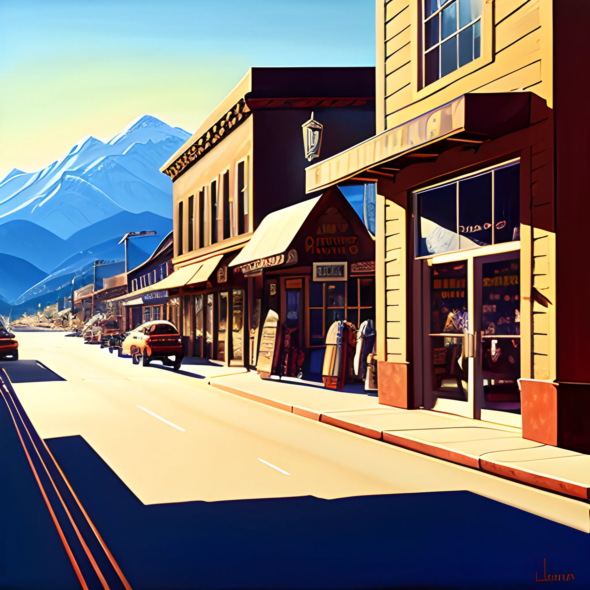 acrylic painting, cinematic perfect lighting, mountain town, main street, store front, empty, shadows, gordon leverton