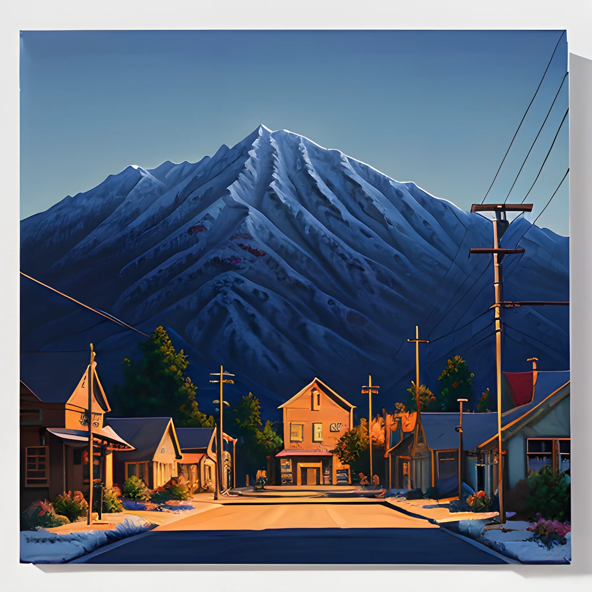 acrylic painting, cinematic perfect lighting, mountain town, main street, house, empty, shadows, painted by gordon leverton