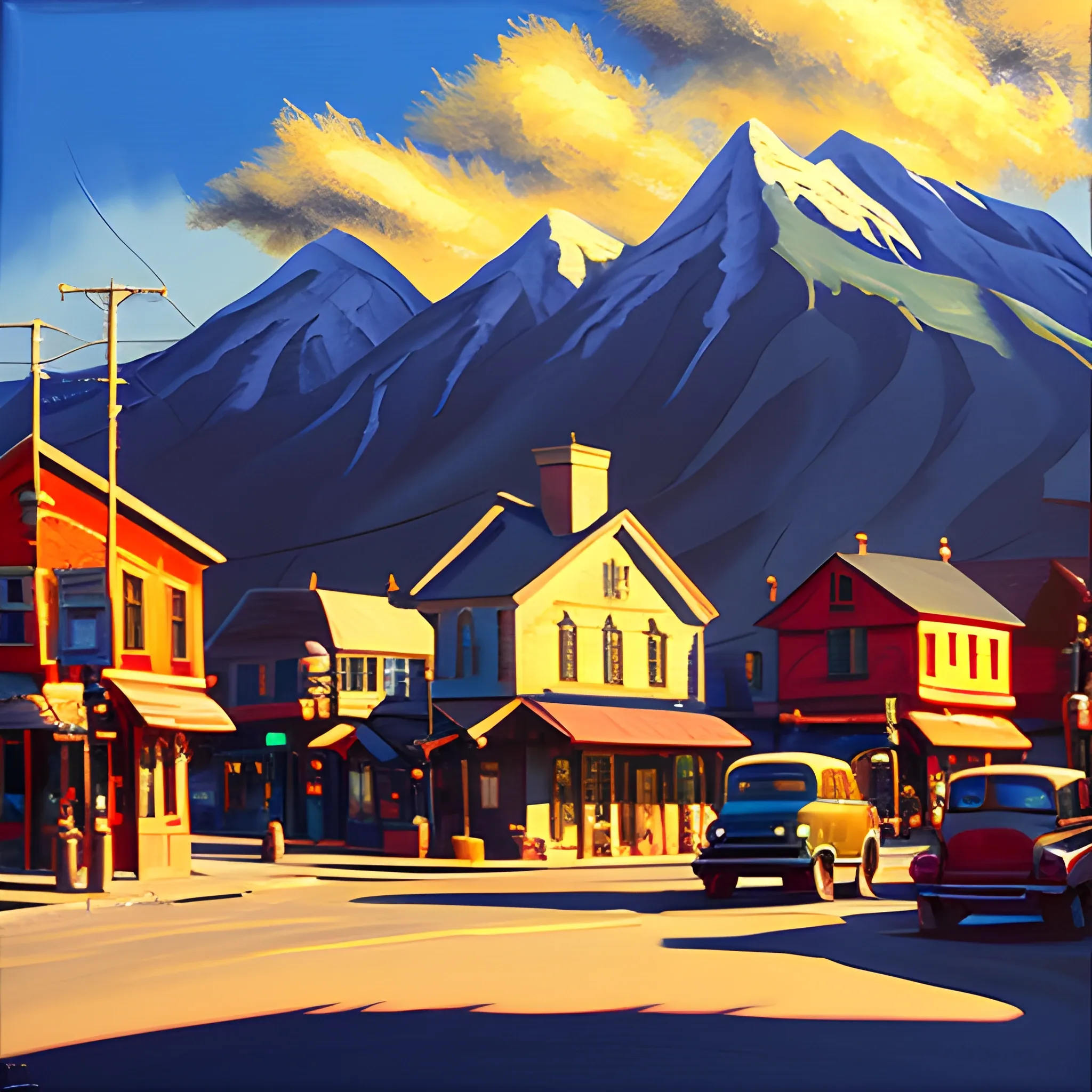 acrylic painting, cinematic perfect lighting, mountain town, main street, house, shadows, painted by gordon leverton