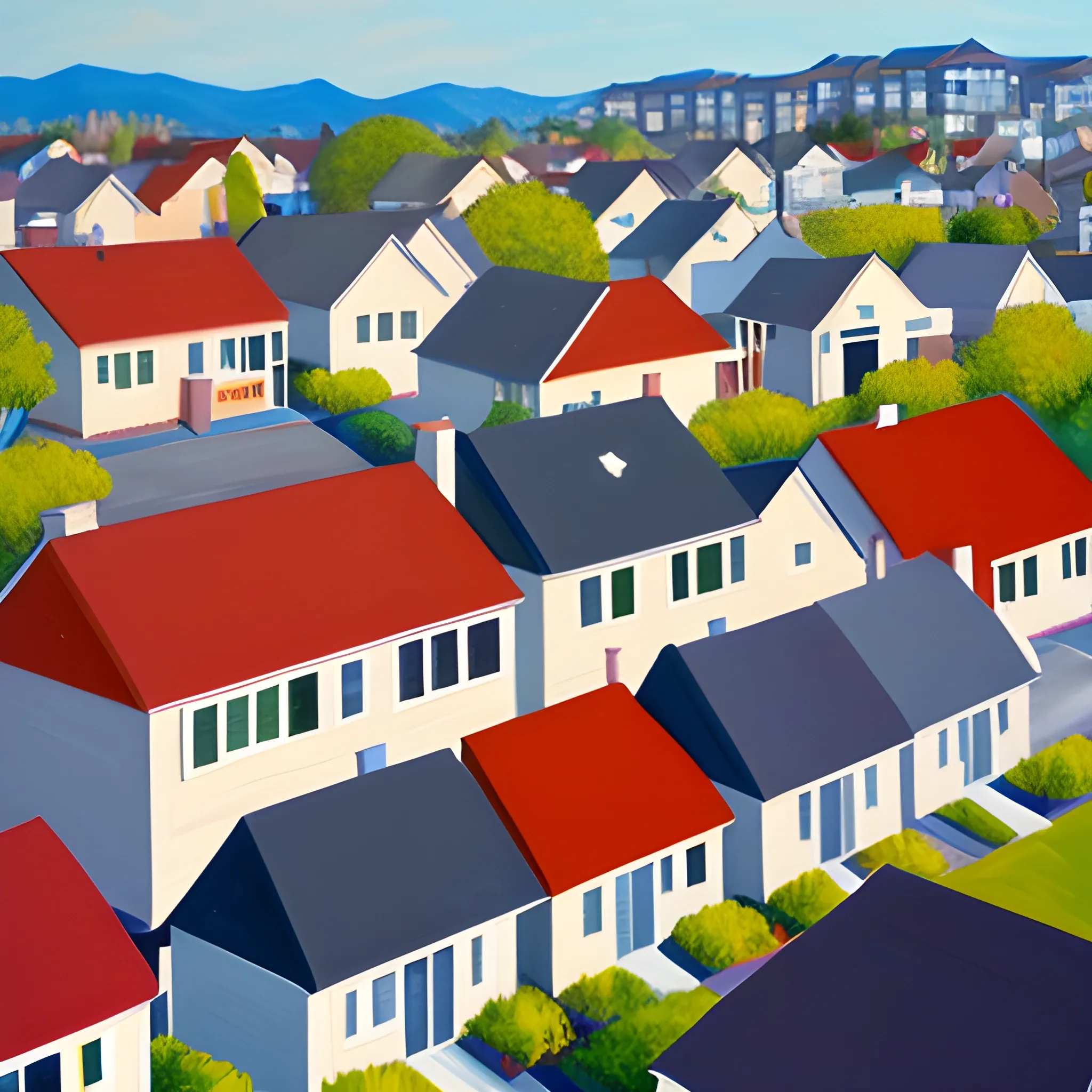 acrylic painting, close up of house rooftops, neighborhood, painted by gordon leverton 