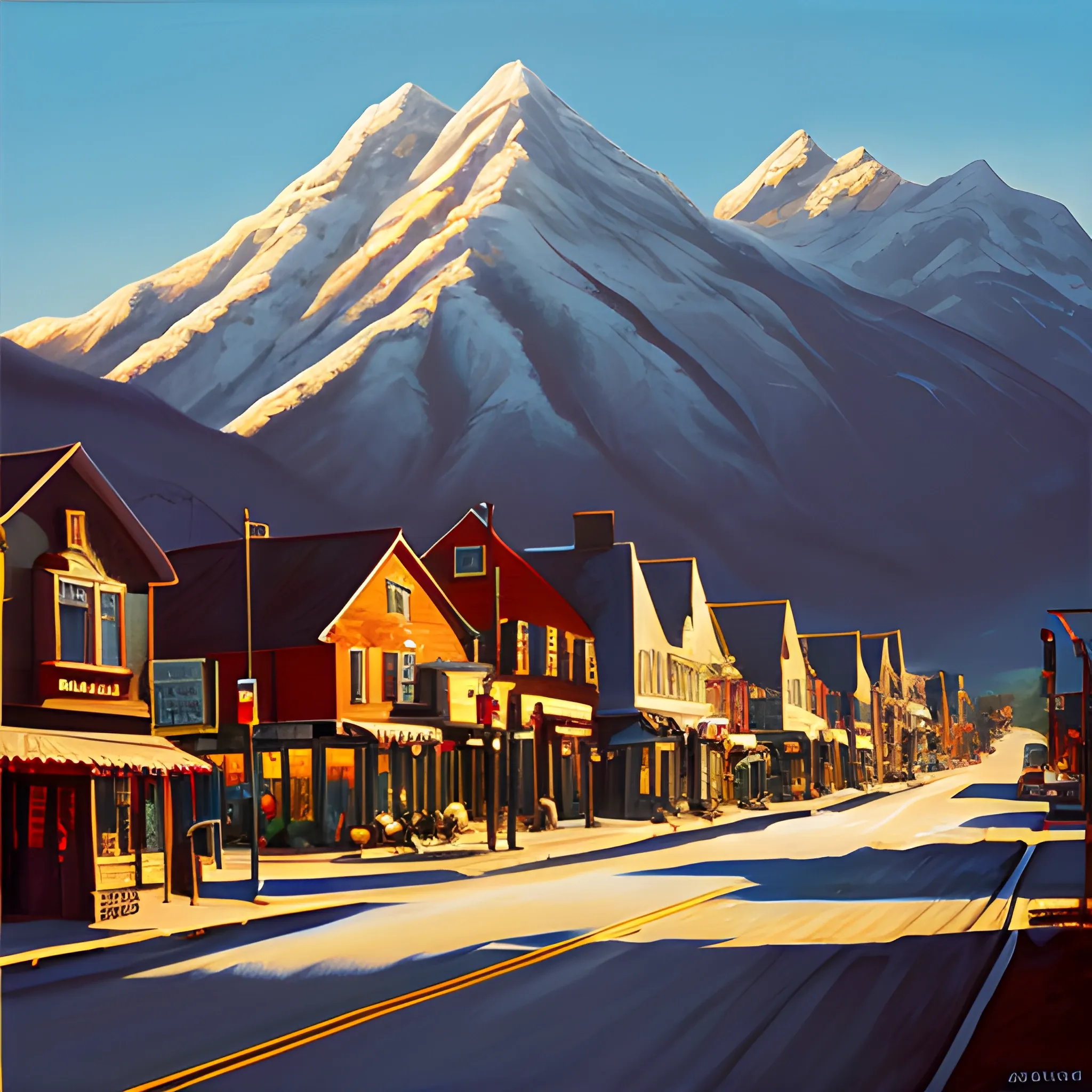 acrylic painting, cinematic perfect lighting, mountain town, main street, house, crisp, shadows, painted by gordon leverton