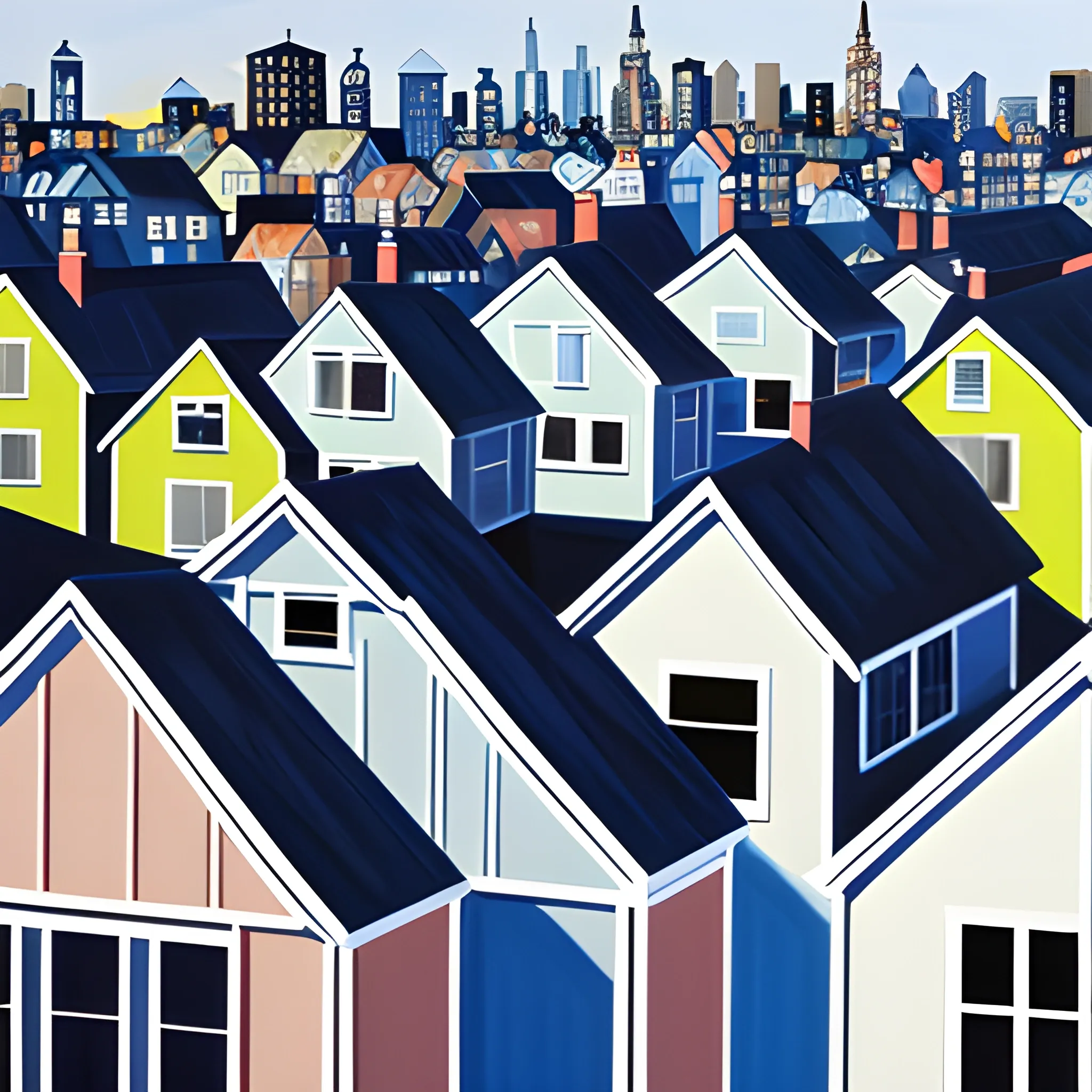 acrylic painting, close up of house rooftops, unique neighborhood, painted by gordon leverton 