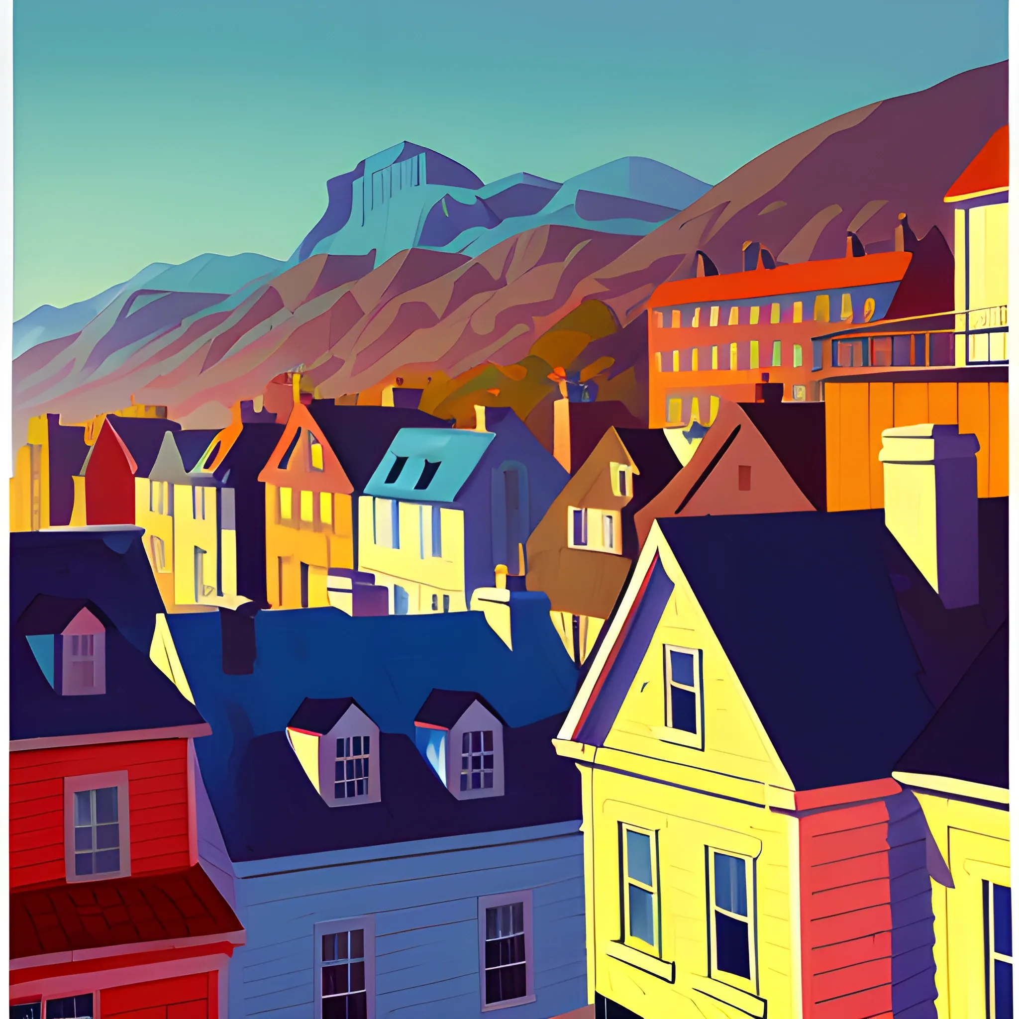 acrylic painting, rooftops, houses, mountain town, painted by Edward Hopper, painted by James Gilleard, painted by gordon leverton 