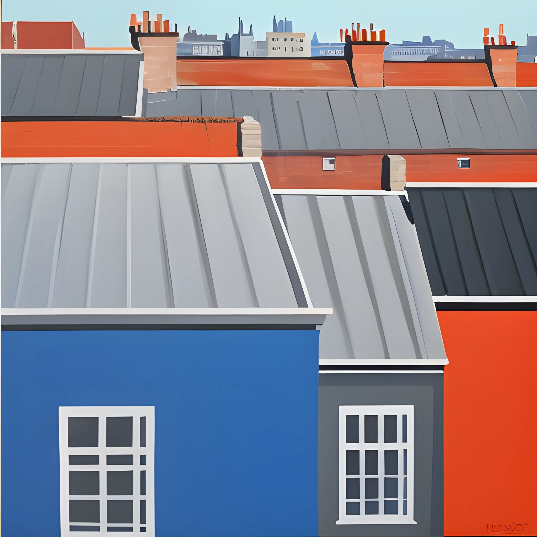 acrylic painting, gabel and valler rooftop, house, neighbourhood, simple, gordon leverton