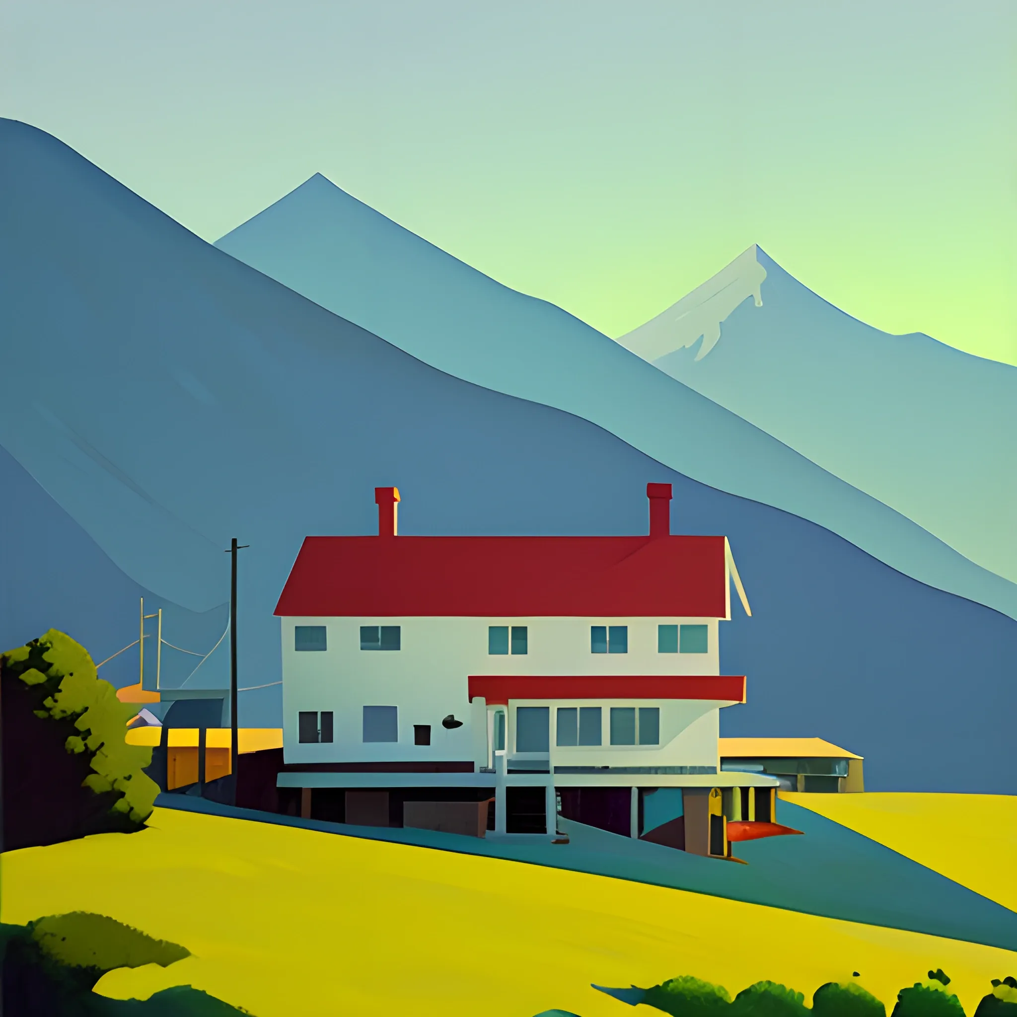 acrylic painting, mountain town, house, lam post, shadows, painted by Edward Hopper, painted by James Gilleard, painted by gordon leverton 