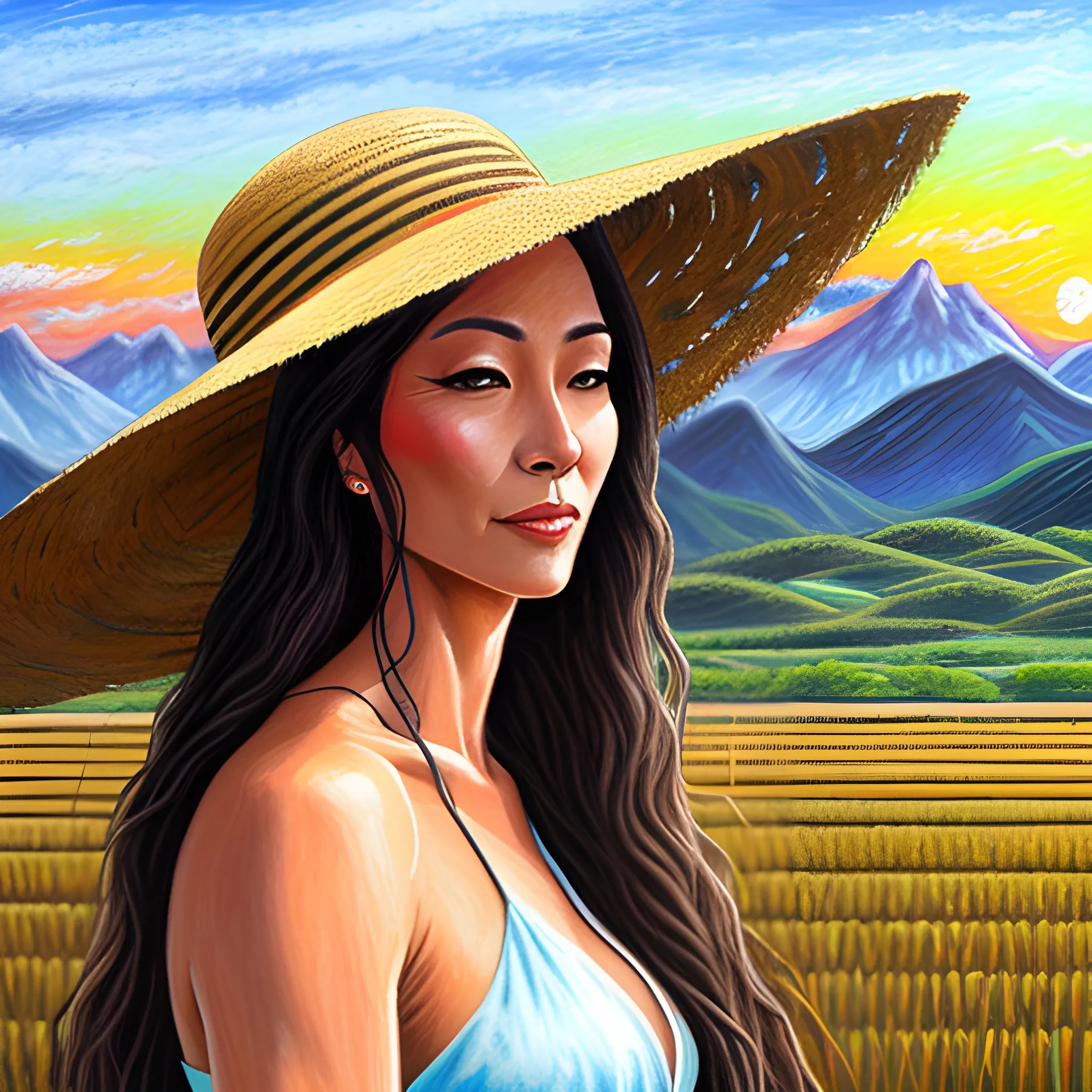 (((high detail))), best quality, 1girl,full frame, working in a rice field, straw hat,dark brown long flowing hair blowing in the wind, mountains in the far background, sunset,<lora:more_details:0.7>, Oil Paint, Pastel Art