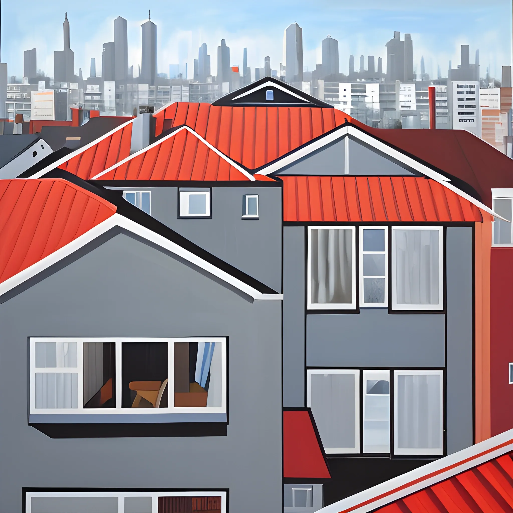 acrylic painting, rooftop, contemporary, house, neighbourhood, simple, gordon leverton