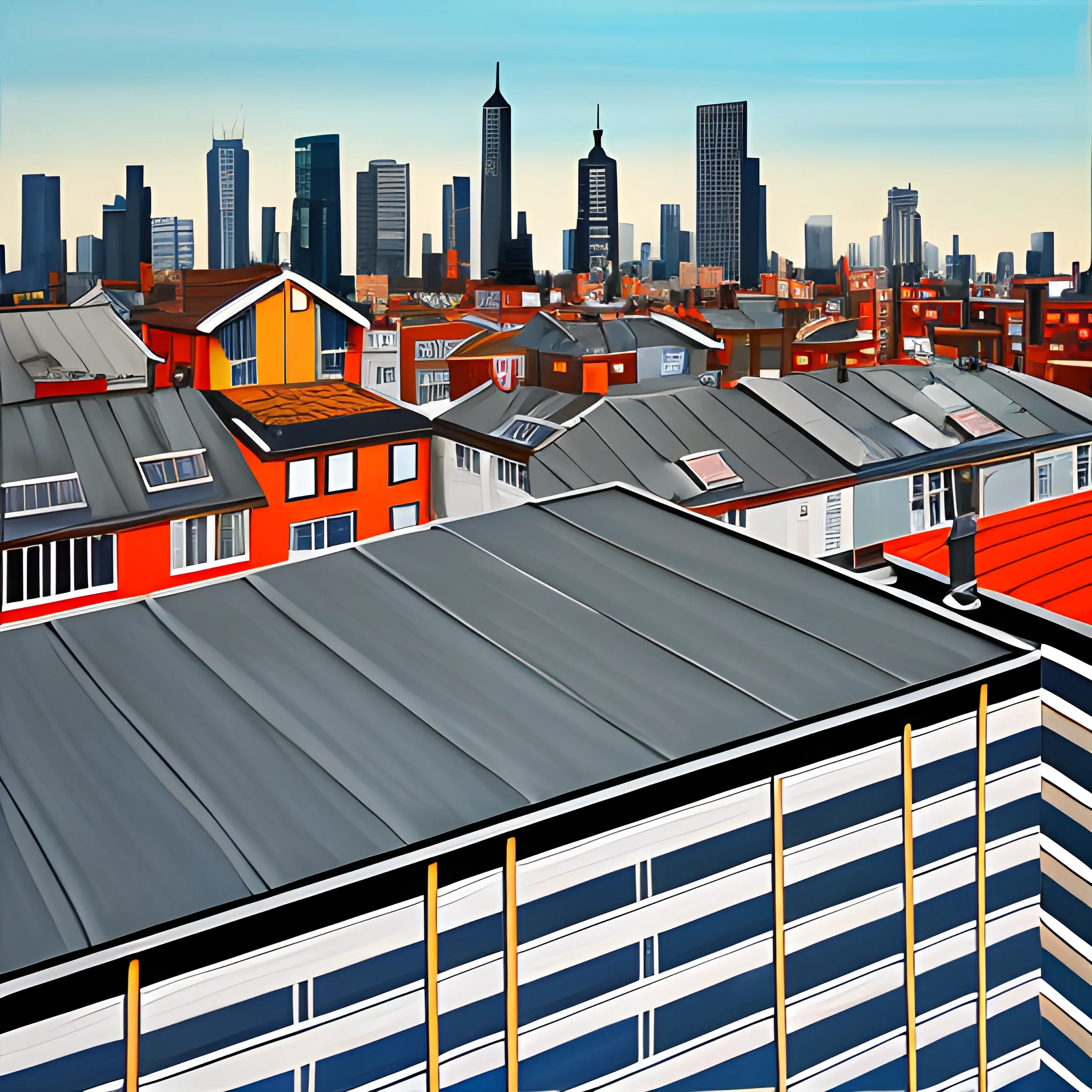 acrylic painting, rooftop, contemporary, neighbourhood, bold, gordon leverton