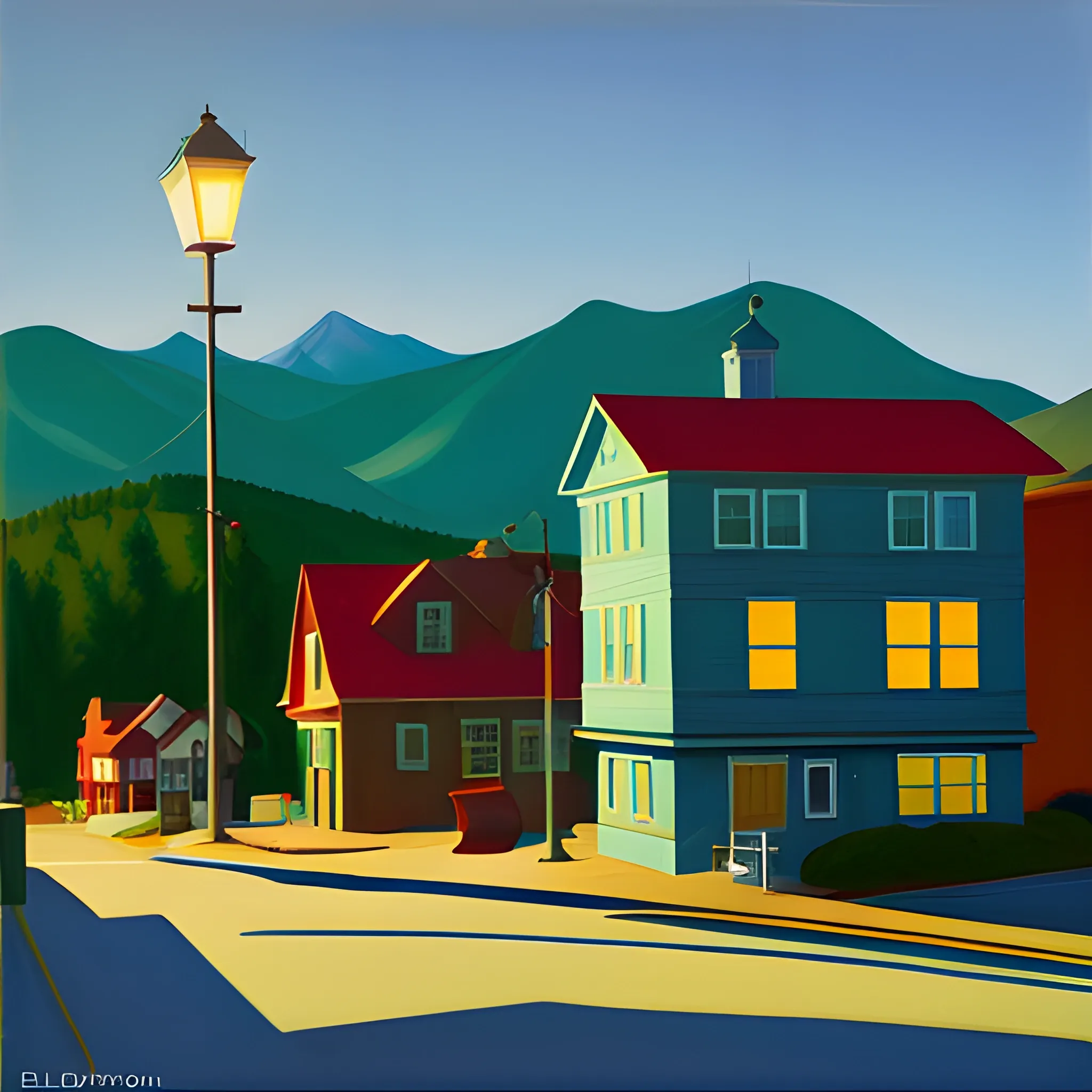 acrylic painting, mountain town, house, lamp post, shadows, painted by Edward Hopper, painted by gordon leverton 