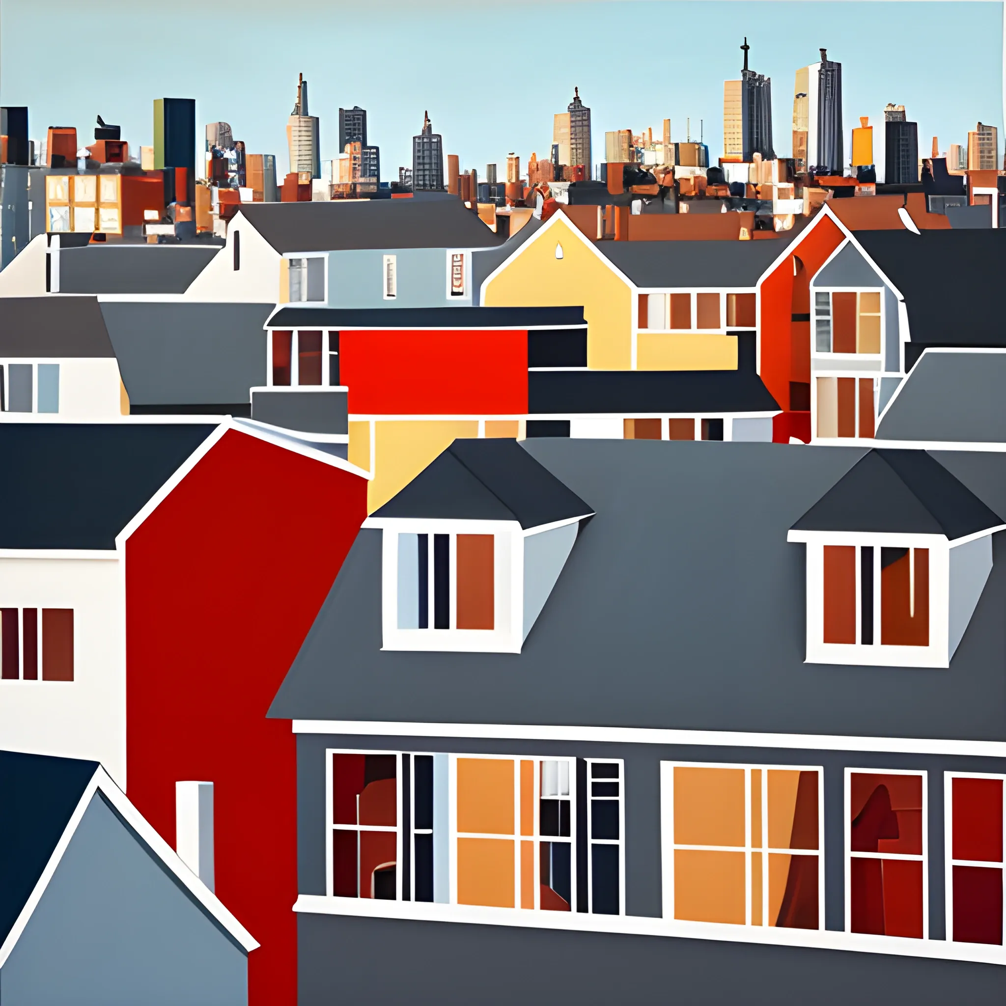 acrylic painting, rooftop, houses, contemporary, neighbourhood, bold, gordon leverton