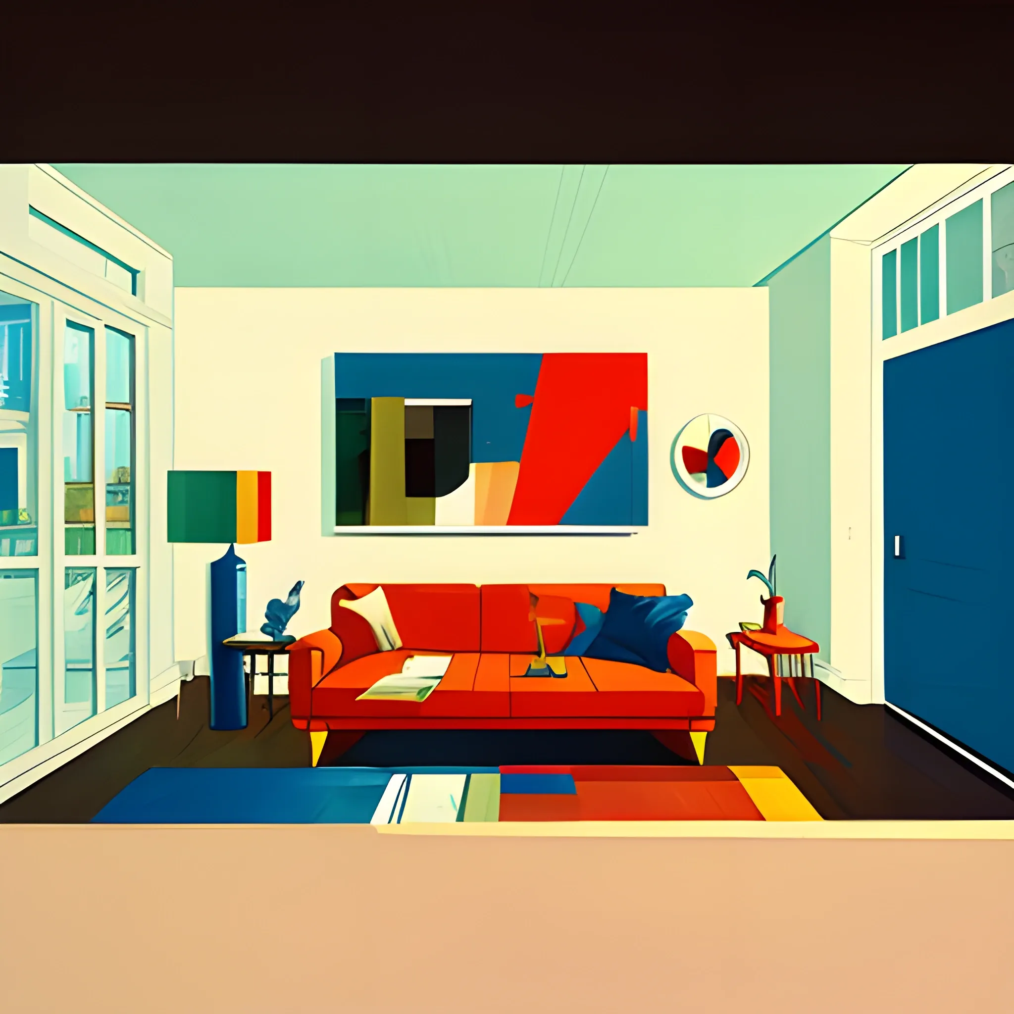 Interior shot of contemporary home with abstract arts hanging on the wall, very coherent, painted by Edward Hopper, painted by James Gilleard, airbrush, art by JamesJean