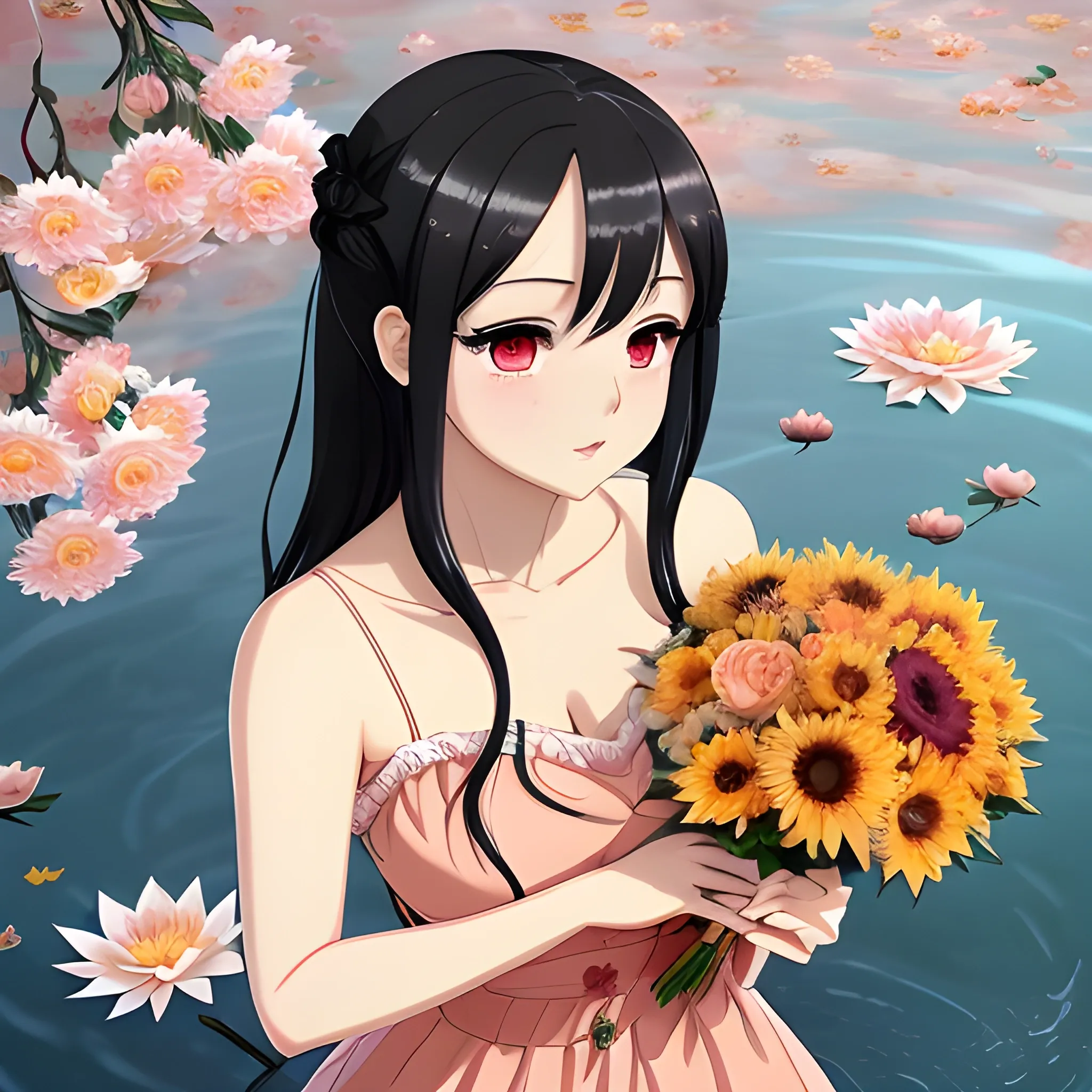 , Anime Key VisualBlack-haired woman, curved face, with rosy cheeks, big black eyes, thick eyelashes, thick lips, peach color, thick eyebrows, upturned nose, lying on dark water, holding a bouquet of flowers, a sunflower, a rose, a jasmine, a flower cherry tree, a white lotus, wearing a red lace dress.