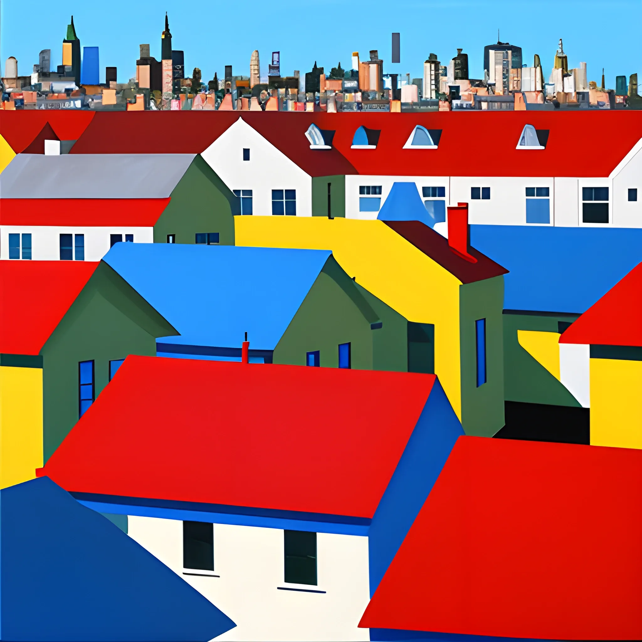 acrylic painting, rooftops, neighbourhood, simple, bold colors, very coherent, gordon leverton