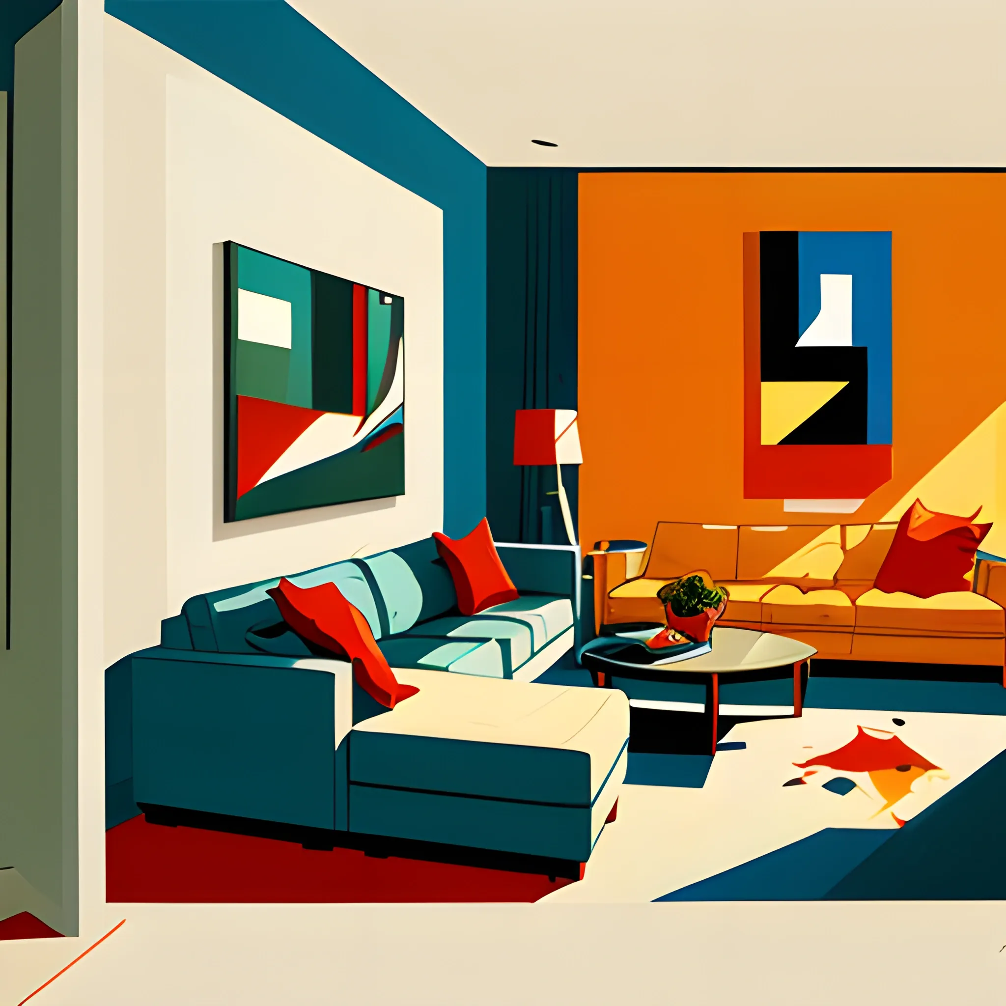 Interior shot of contemporary home with abstract art hanging on the wall, very coherent, painted by Edward Hopper, painted by James Gilleard, airbrush, art by JamesJean