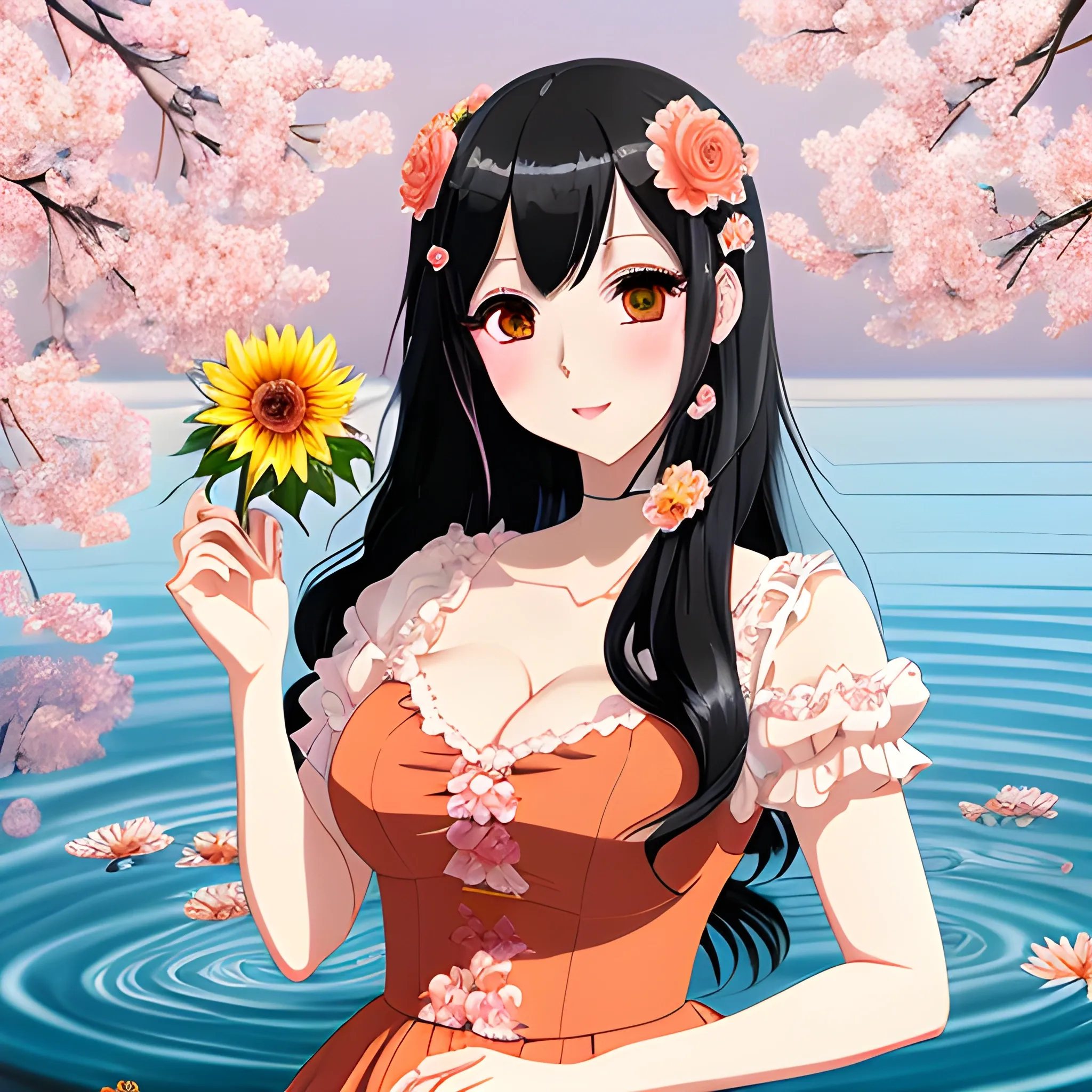 , Anime Key Visua lBlack-haired woman, curved face, with rosy cheeks, big black eyes, thick eyelashes, thick lips, peach color, thick eyebrows, upturned nose, lying on dark water, holding a sunflower, a rose, a jasmine, a flower cherry tree, a white lotus, wearing a red lace dress.