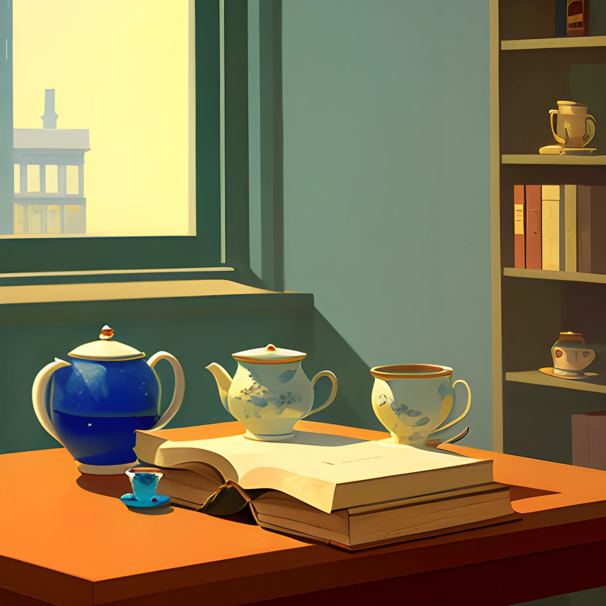 close up shot of items on table in contemporary home, still life, books, tea, very coherent, painted by Edward Hopper, painted by James Gilleard, airbrush, art by JamesJean