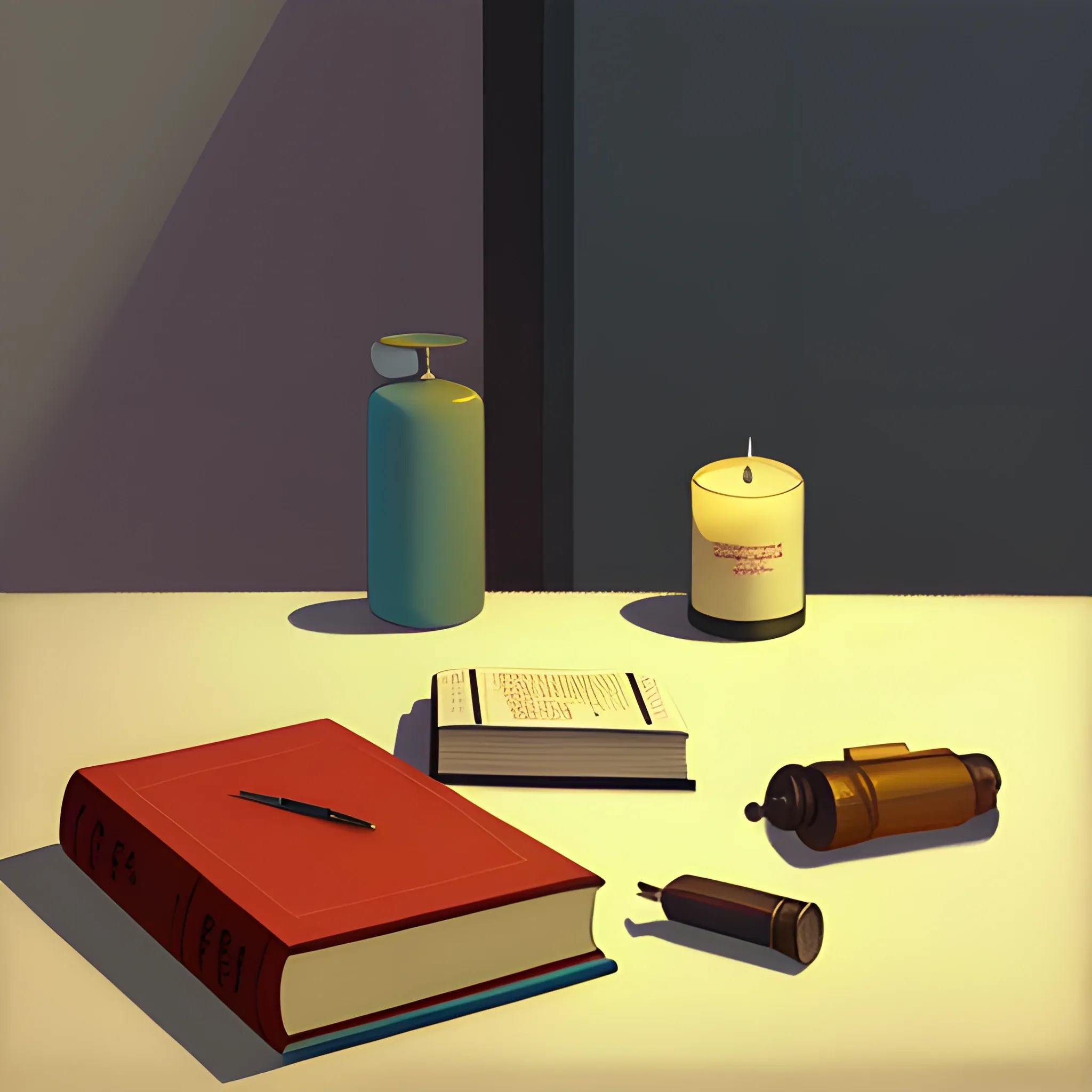 close up shot of items on table in contemporary home, still life, books, candle, very coherent, painted by Edward Hopper, painted by James Gilleard, airbrush, art by JamesJean