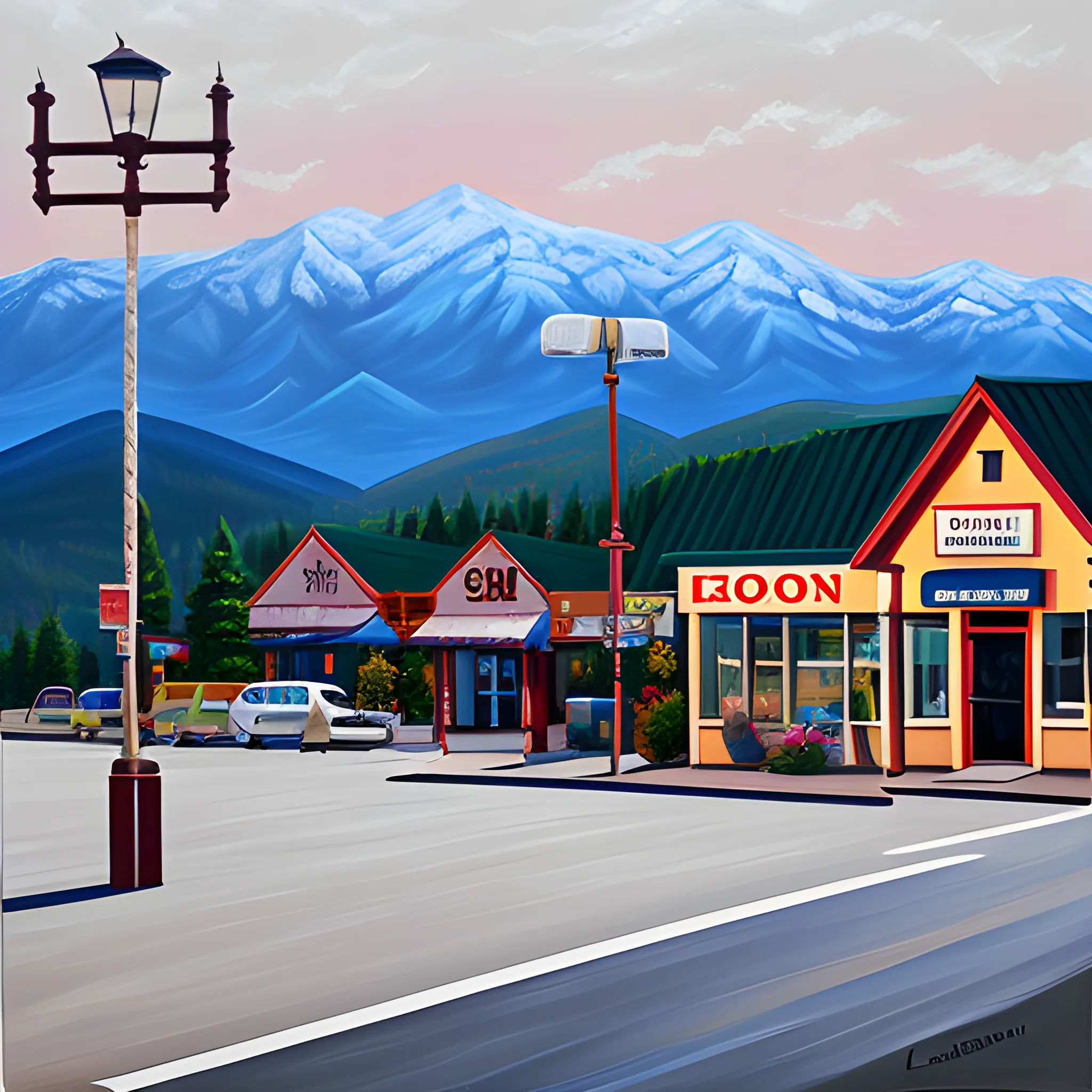 acrylic painting, single store front, mountain town, simple, lamp post, gordon leverton