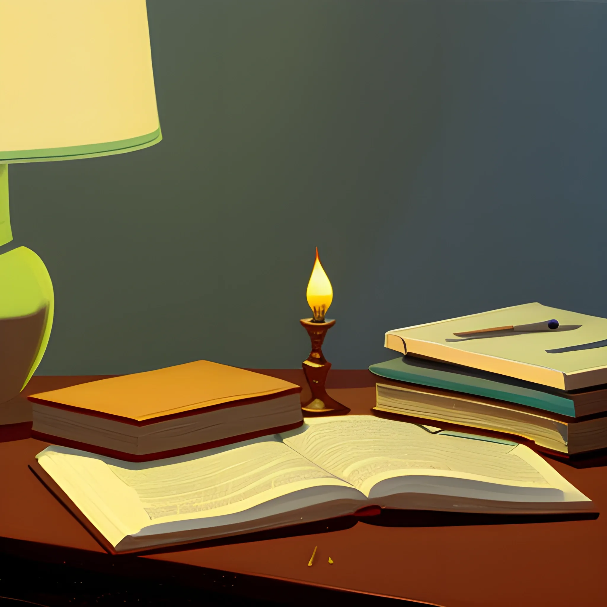 close up shot of items on table in contemporary home, still life, books, candle, very coherent, painted by Edward Hopper, painted by James Gilleard