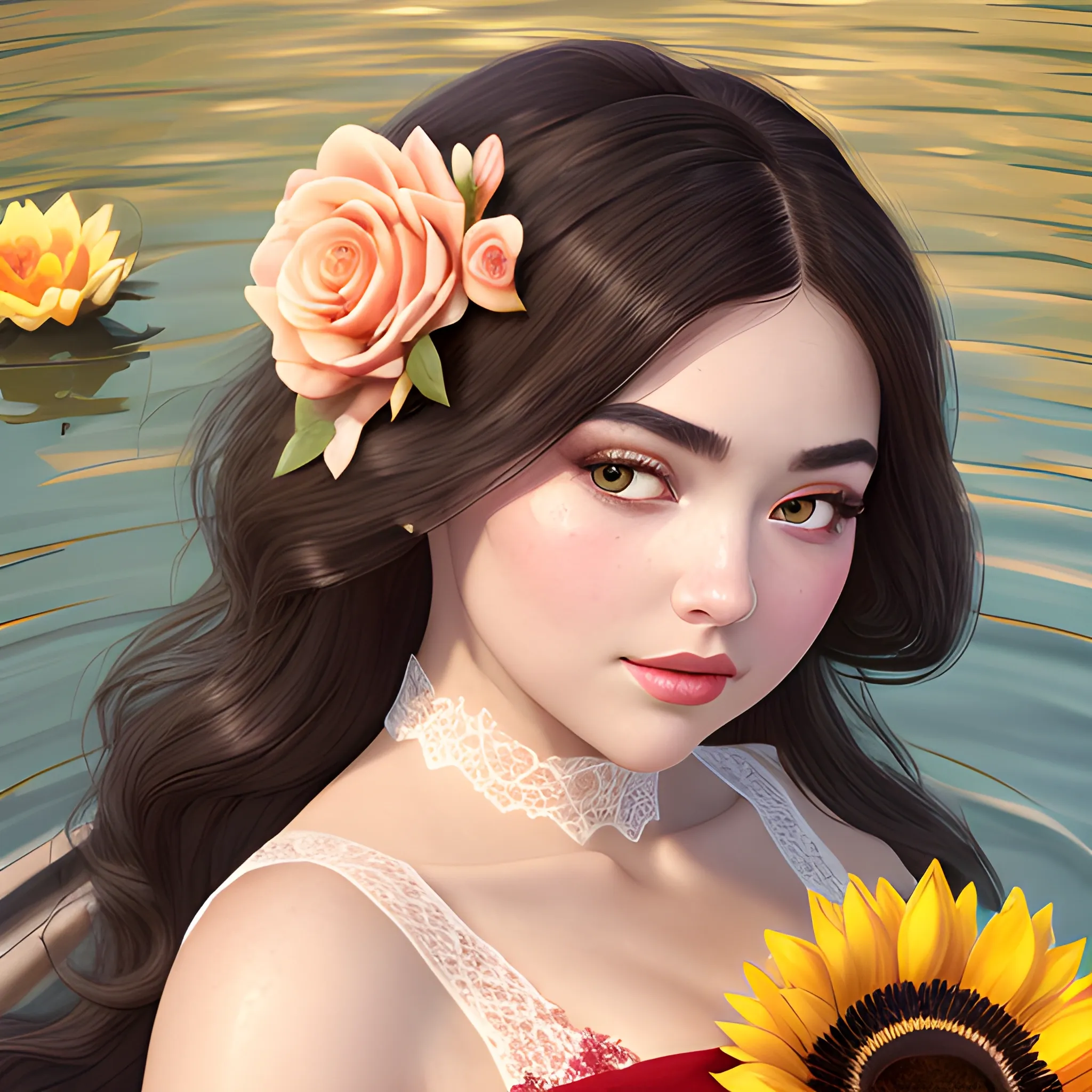 (((high detail))), best quality, Warm Colors, (detailed), (high resolution)Dark-haired female, curvy face, with rosy cheeks, big black eyes, thick eyelashes, thick peach lips, thick eyebrows, nose upturned, lying on dark water, holding a bouquet of flowers, a sunflower, a rose, a jasmine, a cherry blossom, a white lotus, wearing a red lace dress.