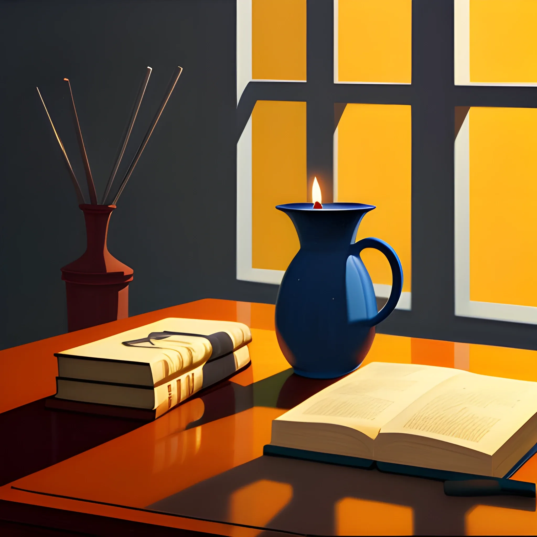 close up shot of items on table in contemporary home, still life, books, candle, very coherent, chiaroscuro, painted by Edward Hopper, painted by James Gilleard