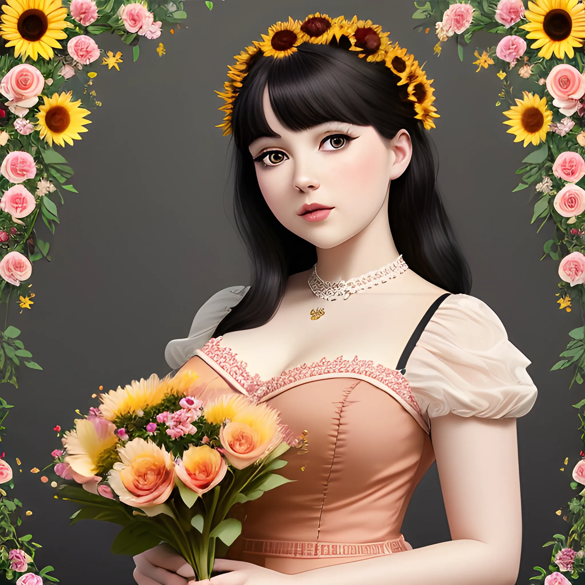 (((high detail))), best quality, Warm Colors, (detailed), (high resolution)Black-haired female, curvy face, with rosy cheeks, big black eyes, thick eyelashes, thick peach lips, thick eyebrows, nose upturned, lying on dark water, holding a bouquet of flowers, a sunflower, a rose, a jasmine, a cherry blossom, a white lotus, wearing a red lace dress.