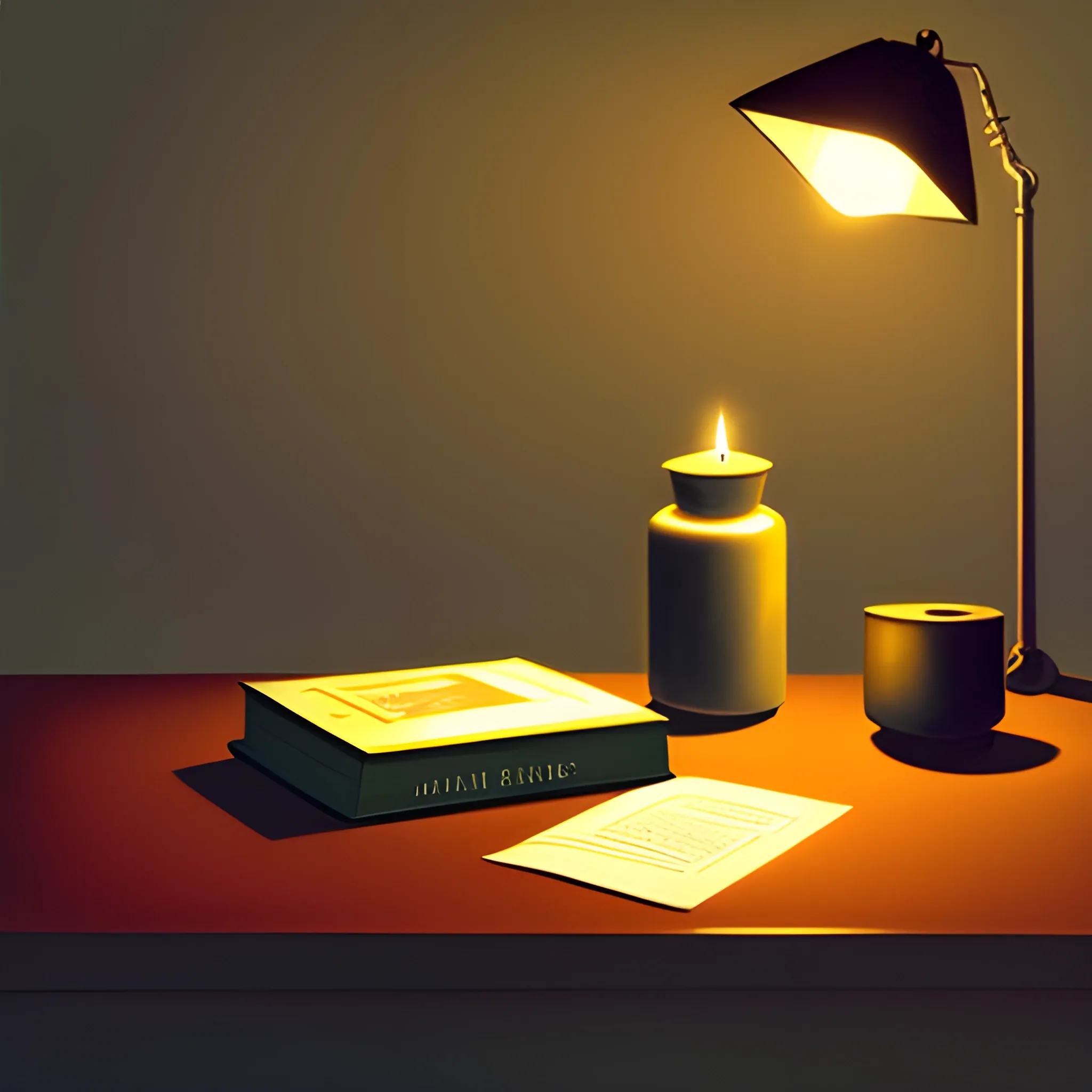 close up shot of items on table in contemporary home, still life, books, candle, very coherent, chiaroscuro, painted by Edward Hopper, painted by James Gilleard