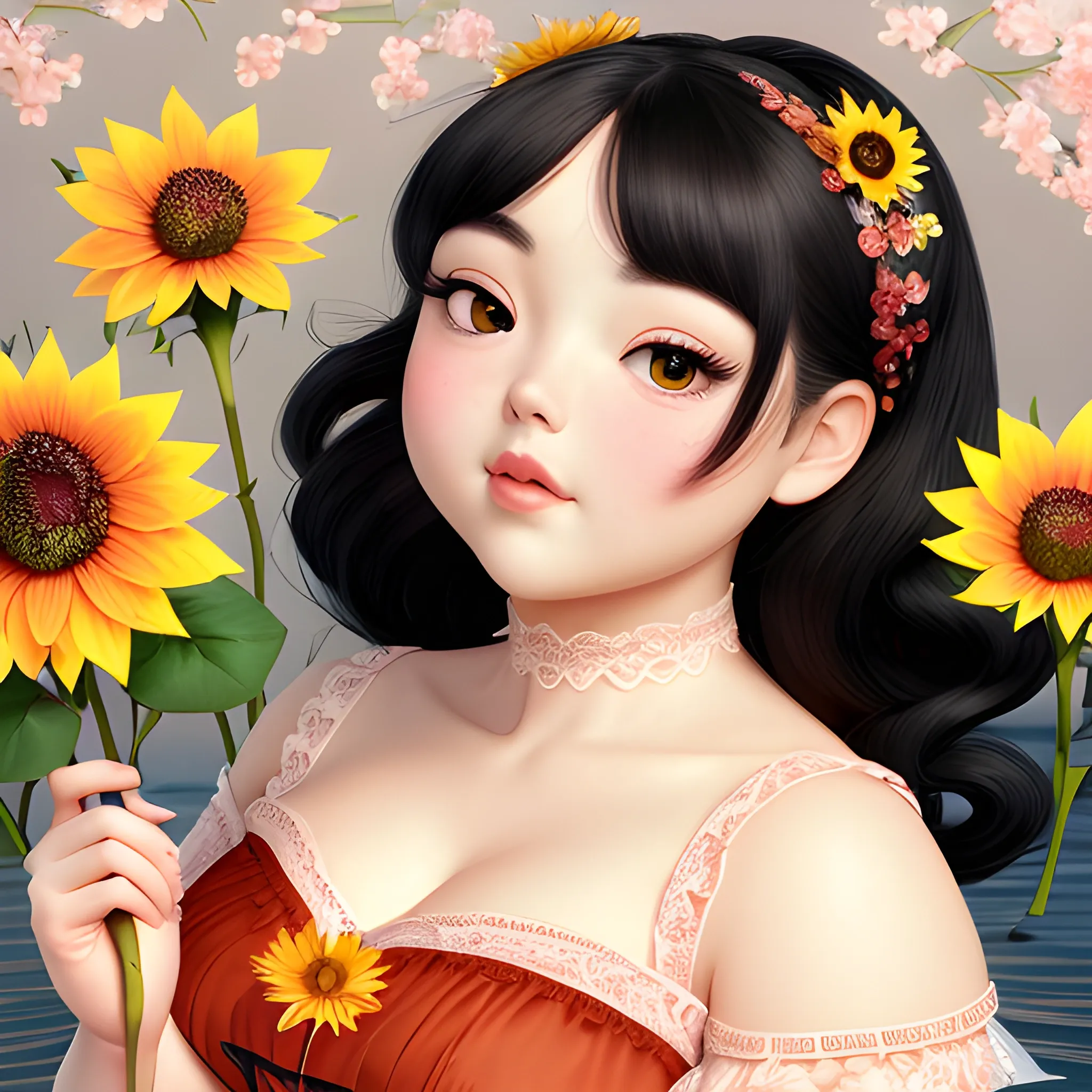 (((high detail))), best quality, Warm Colors, (detailed), (high resolution)Black-haired female, curvy face, with rosy cheeks, big black eyes, thick eyelashes, thick peach lips, thick eyebrows, nose upturned, lying on water, holding a sunflower, a rose, a jasmine, a cherry blossom, a white lotus, wearing a red lace dress.