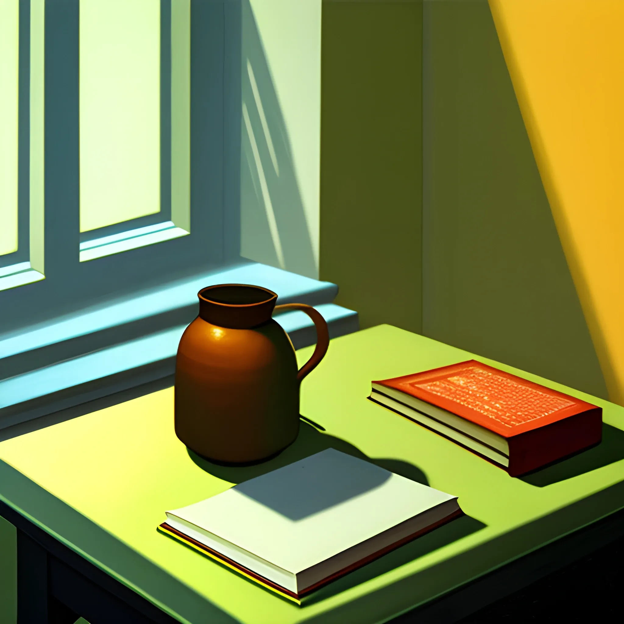 close up shot of items on table in contemporary home, still life, books, candle, day time, very coherent, chiaroscuro, painted by Edward Hopper, painted by James Gilleard